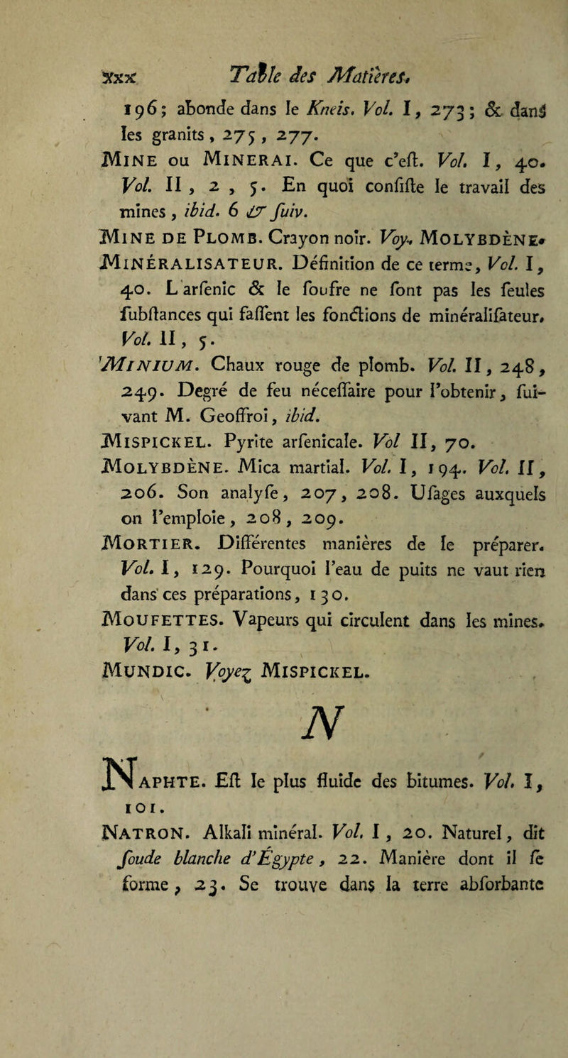 196; abonde dans le Kneis. Vol. I, 273; & danS les granits , 275 , 277. Mine ou Minerai. Ce que c’eft. Vol. I, 40. Vol. II , 2 , 5. En quoi confifte le travail des mines , ibid. 6 HT fuiv. Mine de Plomb. Crayon noir. Voy. Molybdène# JMiNÉRALISATEUR. Définition de ce terme. Vol. I, 40. L arfenic & le foufre ne font pas les feules iubftances qui faffent les fonctions de minéralifateur# Vol II, 5. 'Minium. Chaux rouge de plomb. Vol. II, 248, 249. Degré de feu nécefîaire pour l’obtenir, fui- vant M. Geoffroî, ibid. MlSPICKEL. Pyrite arfenicale. Vol II, 70. Molybdène. Mica martial. Vol. I, 194. Vol II, 206. Son analyfe, 207, 208. Ufages auxquels on l’emploie, 208, 209. Mortier. Différentes manières de le préparer. Vol I, 129. Pourquoi Peau de puits ne vaut rien dans ces préparations, 130. Moufettes. Vapeurs qui circulent dans les mines* Vol 1,31. Mundic. Vpye-^ Mispickel. N APHTE. £ft le plus fluide des bitumes. Vol I, 1 o r. NATRON. Alkali minéral. Vol. I, 20. Naturel, dit * foude blanche d’Egypte, 22. Manière dont il fe forme ? 23. Se trouve dans la terre abforbante