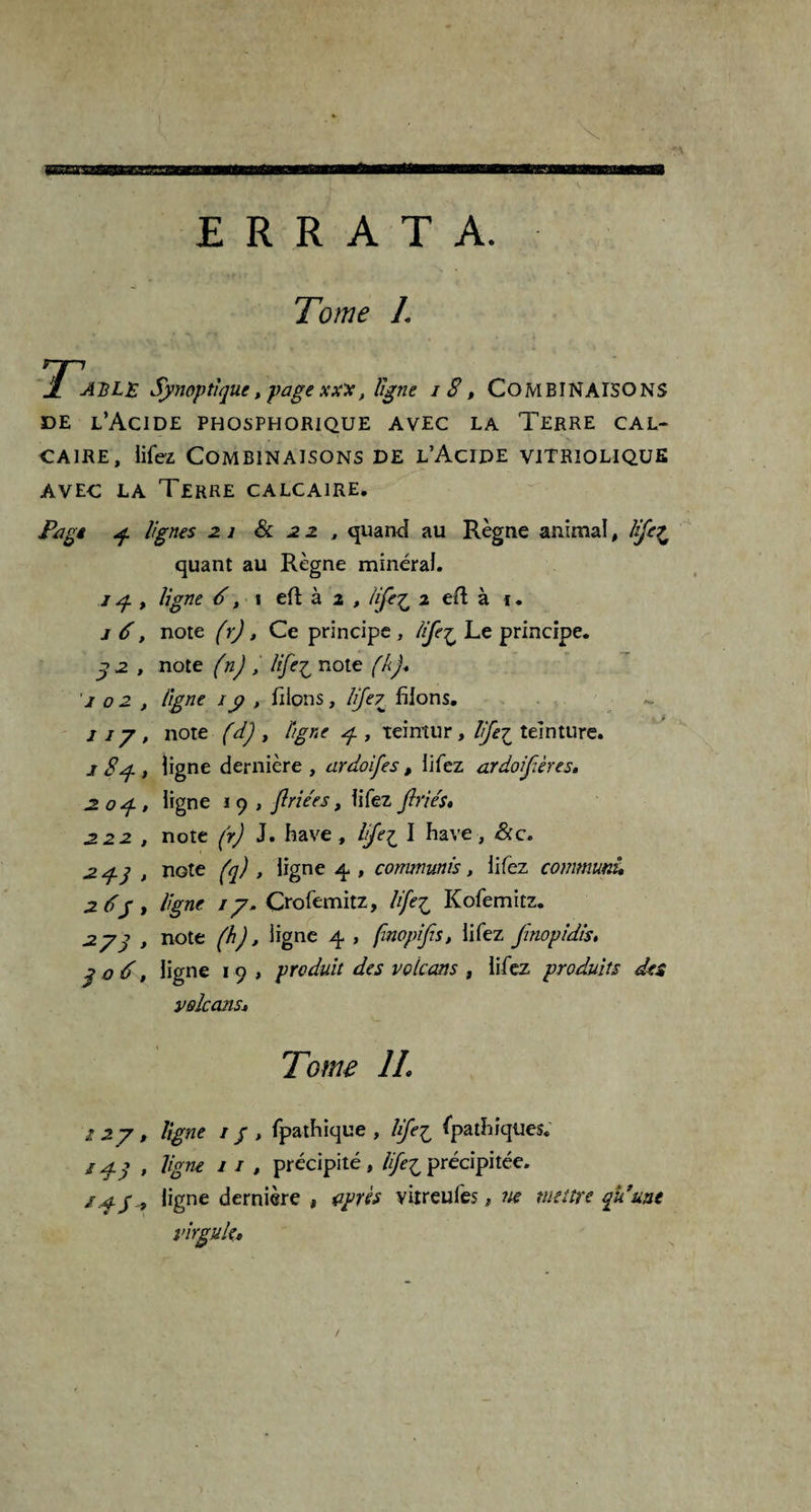 ERRATA. Tome L np 1 ABL£ Synoptique, page xxX, ligne 18, COMBINAISONS de l’Acide phosphorique avec la Terre cal¬ caire, lifez Combinaisons de l’Acide vitriolique avec la Terre calcaire. Pag* lignes 21 & 2 2 , quand au Règne animal, hje^ quant au Règne minéral. 74, ligne 6, 1 eft à 2 , life£ 2 eft à ï . j 6, note (r), Ce principe , life£ Le principe. g 2 , note (n) , life£ note (h)* 102, ligne 17 , filons, lifeifilons. 117, note (d) , ligne 4, teimur, Ifti teinture. j S, ligne dernière , ardoifes , lifez ardoifières. 2 o f, ligne 1 9 , frie'es, lifez fries, 222 , note (r) J. hâve, life^ I hâve, &c. 24-3 , note (q) , ligne 4, commuais, lifez commuai, 2 6g , ligne 17. Crofemitz, life^ Kofemitz. 273 , note (h), ligne 4 , finopifs, lifez Jinopidis, 306, ligne 1 9 , produit des volcans , lifez produits des volcans. Tome IL 127, ligne ï / , fpathique , lifei fpathiqües. / 43 , ligne / 1 , précipité , lifei précipitée. if y, ligne dernière , après vitreufes, ne mettre qu’une virgule,