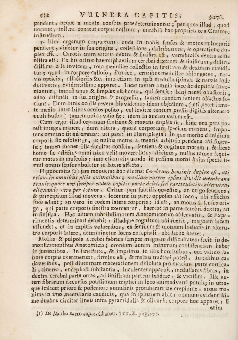 pendent, neque a mente confcia praedetercninantur ^per quos illud , quod noceret, tollere conatur corpus noftrum , mirabili hac proprietate a Creator,- inftru&amp;um . Illud organum corporeum, unde in nobis fenfus &amp; motus vulnerarii pendent 5 videtur in fua origine , coileaione , diftributione, &amp; operatione du¬ plex e (Te . Carotis enim arteria dextra &amp; (iniftra eft , vertebralis dextra &amp; fi. niftra eft : Ex his oritur haemifphaerium cerebri dextrum &amp; /inifirum , diftiru 61 illima a Te invicem , tota medullae collegio in finiftram &amp; dextram dividi* tur; quod in corpore callo fo , fornice, cruribus medullae oblongatae 9 ner. vis opticis, olfa£loriis &amp;c. imo etiam in jpfa medulla fpinsli &amp; nervis inde «derivatis, evidcntitfime apparet. Licet tamen omnia haec fic duplicia inve¬ niantur , tamen unus &amp; fimplex eft homo , qui fentit: bini nervi olfactorii , adeo difiincli in fua origine &amp; progreffu , tamen eundem fenfum olfaclus fa¬ ciunt . Dum binis oculis revera bis videmus idem ob/e&amp;urii 9 ( uti patet limi- . te medio inter binos oculos polito , vel leviter tantum pre/To digitis alterutro oculi bulbo ) tamen unica villo fit: idem in auditu verum eft . Cum ergo illud organum fentiens &amp; movens duplex fit, hinc una pars po- teft integra manere, dum altera , quoad corpoream fpeciem manens, impo¬ tens omnino fit ad omnia*: uti patet in Hemiplegia : in quo morbo dimidium corporis fic refolvitur , ut nullus motus a mentis arbitrio pendens ibi fuper- fiit; tamen manet illa facultas confcia , fentiens &amp; cogitans motum ; &amp; licet homo fic affe&amp;us omni nixu velit movere latus afte&amp;um , nullus tamen fequi- tur motus inmufculis ; imo etiam aliquando in pdfima morbi hujus fpecie fi- mul omnis fenfus aboletur in latere aihedlo. Hippocrates '(£) jam monuerat hoc dicens: Cerebrum hominis duplex ejl, uti etiam, in omnibus aliis animalibus % medium autem ipfius dividit membrana tenuis\qiiare non femper eadem capitis parte dolet, fedparticulatim alterutra, aliquando vero per totum . Oritur jam fubtilis qua«ftio , an origo fentiens , Bt principium illud movens , locentur in parte oppofita illi loco , ubi e fic dius fuosedunt; an vero in eodem latere corporis: id efi:, an motus &amp; fenfus ori¬ go , qui parte corporis finifira exercentur , haereat in parte cerebri dextra, an jn fmiftra . Hoc autem fubtilifiimorum Anatomicorum obfervatis , &amp; Expe¬ rimentis determinari debebit : illudque cognitum ubi fuerit, magnam lucem affundet, ut in capitis vulneribus, ex fenfuum&amp; motuum laefione in alteru¬ tro corporis latere , determinetur locus encephali, ubi Jaeiio haeret. Mollis &amp; pulpofa cerebri fabrica femper magnam difficultatem fecit in de« monfirationibus Anatomicis; omnium autem minimam confidentiam habet in junioribus , In fene^ute, &amp; imprimis in illis hominibus, qui valido la¬ bore corpus exercuerunt, firmius efi , &amp; melius tractari poteft , In talibus ca¬ daveribus f poft diuturnam macerationem diftbluta pro maxima parte cortica¬ li , cinerea, encephali fu bitant ia , luculenter apparuit, medullares fibras , in dextra cerebri parte ortas c ad fmiftram partem tendere , &amp; viciflim . Ille au¬ tem fibrarum decurfus potiifimum triplici in loco animadverti potuitj In utra¬ que (cilicet priore &amp; pofienore annularis protuberandae crepidine , atque ma¬ xime in imo medullaris caudicis, qua in fpinalem abit; omnium evidendfll- me duabus circiter lineis infra pyramidalia k olivaria corpora hoc apparet: fi enim £*) Pe Morbo Saac cap.3. Charte r. Tom.Z. pag.47$.