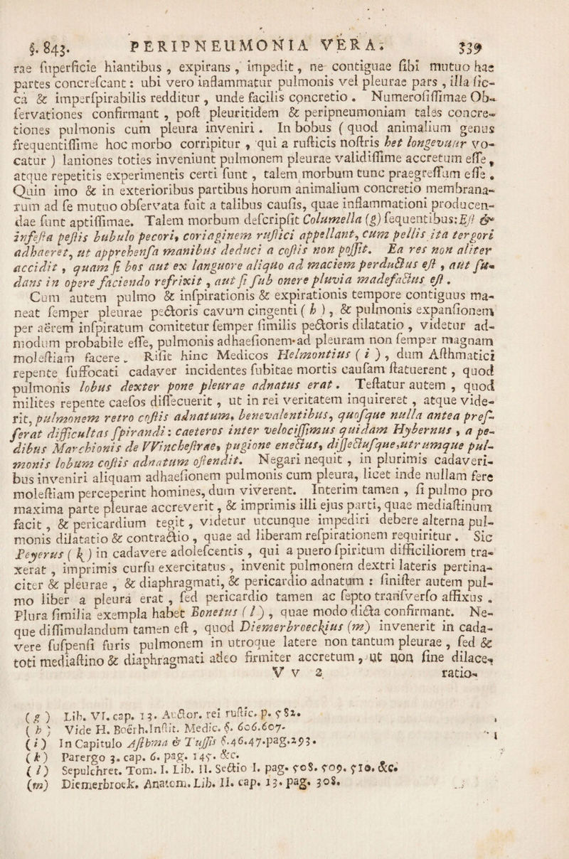 rae fiuperficie hiantibus , expirans impedit, ne contiguae jflbi mutuo hae partes concrefcant: ubi vero inflammatur pulmonis vel pleurae pars , illa Gc- ca &amp; imperfpirahilis redditur , unde facilis concretio . Numeroliffnnae Oh** fervationes confirmant , pod pleuritidem &amp; peripneumoniam tales concre¬ tiones pulmonis cum pleura inveniri. In bobus (quod animalium genus freq-uentiffime hoc morbo corripitur , qui a rufticis noftris het longevmr vo¬ catur ) laniones toties inveniunt pulmonem pleurae validifilme accretum effe f atque repetitis experimentis certi funt, talem morbum tunc praegfeffum effe . Quin imo &amp; in exterioribus partibus horum animalium concretio membrana¬ rum ad fe mutuo obfervata fuit a talibus caulis, quae inflammationi producen¬ dae fiunt aptifiimae. Talem morbum defcripfit Columella (g) fiequentibu$:]j/? infefia Pefiis bubulo pecorif coriaginem rufiici appellant, cum pellis ita tergori adhaeret9 ut apprehenfa manibus deduci a cofiis non pojjit. Ea res non aliter accidit, quam fi hos aut ex languore aliquo ad maciem perduBus efi, aut ft&amp;* dans in opere faciendo refrixit, aut fi fub onere pluvia madefaBus ef , Cum autem pulmo &amp; infpirationis &amp; expirationis tempore contiguus ma¬ neat fiemper pleurae pedoris cavum cingenti (h), &amp; pulmonis expanfionem per aerem infpiratum comitetur femper (inulis pedoris dilatatio , videtur ad¬ modum probabile effe, pulmonis adhae{lonem*ad pleuram non femper magnam wolcfUam facere. Rifit hinc Medicos Helmontius ( i ) , dum Adhmatici repente fuffocati cadaver incidentes fubitae mortis canfam datuerent, quod pulmonis lobus dexter pone pleurae adnatus erat. . Tedatur autem , quod milites repente caefos diffecuerit, ut in rei veritatem inquireret, atque vide¬ rit. pulmonem retro cofiis ainatum, benevakntibus, quofque nulla antea pref¬ fer at difficultas fpirandi: caeteros inter velocijfimus quidam Hybernus , a pe¬ dibus Marchionis de VVinchefirae, pugione eneBusy difieBufque,utrumque pul¬ monis lobum cofiis adnatum ofiendit• Negaii nequit , m plurimis cadaveri¬ bus inveniri aliquam adhaefionem pulmonis cum pleura, licet inde nullam fere molediam perceperint homines, dum viverent. luteum tamen , fi pulmo pro maxima parte pleurae accreverit, &amp; imprimis ilii ejus parti, quae 'mediaftinum facit, &amp; pericardium tegit, videtur utcunque impediri debere alterna pul¬ monis dilatatio &amp; contradio , quae ad liberam refpirationem requiritur . Sic jPeyerus ( in cadavere adoiefcentis , qui a puero fpiritum difficiliorem tra¬ xerat , imprimis curfiu exercitatus , invenit pulmonem dextri lateris pertina¬ citer &amp; pleurae , &amp; diaphragmati, &amp; pericardio adnatum : finider autem pul¬ mo liber a pleura erat , fied pericardio tamen ac fepto tranfverfo affixus . Plura fimilia exempla habet Bonetus (/) , quae modo dida confirmant. Ne¬ que diffitnulandum tamen ed , quod Diemerbroechius (m) invenerit in cada¬ vere fufpenfi furis pulmonem in utroque latere non tantum pleurae , fied &amp; toti mediaflino &amp; diaphragmati adeo firmiter accretum „ at aoa fine dilace** V v 2. ratio- ( g ) Llh. VI.csp. i?* Au&amp;or. rei ruftic* p* ?Sx. ( b ) Vide H. Boerh.Inftit. Medie. §&gt; 6c6.6oy. (i) In Capitulo jfibma &amp; 1'uJJis £.46.4y.pag.x^. ( k ) Parergo 3. cap. 6. pag. I4g* Ac* ( /) Sepulchret. Tom. I. Lib. II. Se&amp;io I. pag. ^oS. ^09. fio. &amp;C. (m) DienaerbroeJk. Anatem*Lib* II* cap. 3°^*