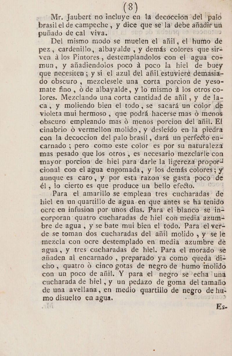 Mr. Jaubert no incluye en la decócción del palo brasil el de campeche, y dice a se la: debe añadir un puñado de cal viva. ) Del mismo modo se muelen el añil, el humo de pez, cardenillo, albayalde , y demás colores que sir= ven dá los Pintores, destemplandolos con el agua co» mun, y añadiendolos poco dá poco la hiel de buey que necesiten; y sí el azul del añil estuviere demasia- do obscuro , mezclesele una corta porcion de yeso- mate fino , O de albayalde, y lo mismo 4 los otros co- lores. Mezclando una corta cantidad de añil, y de la- ca, y moliendo bien el todo ,se sacará un color de violeta mul hermoso , que podrá hacerse mas ó menos obscuro empleando mas 0 menos porcion del 'añil. El cinabrio 0 vermellon molido, y desleído en-la piedra con la decoccion del palo brasil, dará un perfecto en- carnado ; pero como este color es por su naturaleza mas pesado que los otros , es necesario mezclarle con mayor porcion: de hiel para darle la ligereza proporl cional con el agua engomada, y los demás colores; y aunque es caro, y por esta razon se gasta poco ' de él, lo cierto es “gue produce un bello efecto. Para el amarillo se emplean tres cucharadas a hiel en un quartillo de agua.en que antes se ha tenido ocre en infusion por unos dias. Para' el blanco se 'in= corporan' quatro cucharadas de hiel con media azum-= bre de agua , y se bate mui bien el todo. Para 'el vera de se toman dos cucharadas del añil molido , y se le mezcla con ocre destemplado en media azumbre de agua, y tres cucharadas de hiel. Para «el morado 'se añaden al encarnado , preparado ya como queda di- cho , quatro o cinco gotas de negro de humo molido con un poco de añil. Y para el negro se 'echa 'una cucharada de hiel, y un pedazo de goma del tamaño de una avellana, en medio quartillo de fEgro as hu- mo disuelto €n agua. Es-