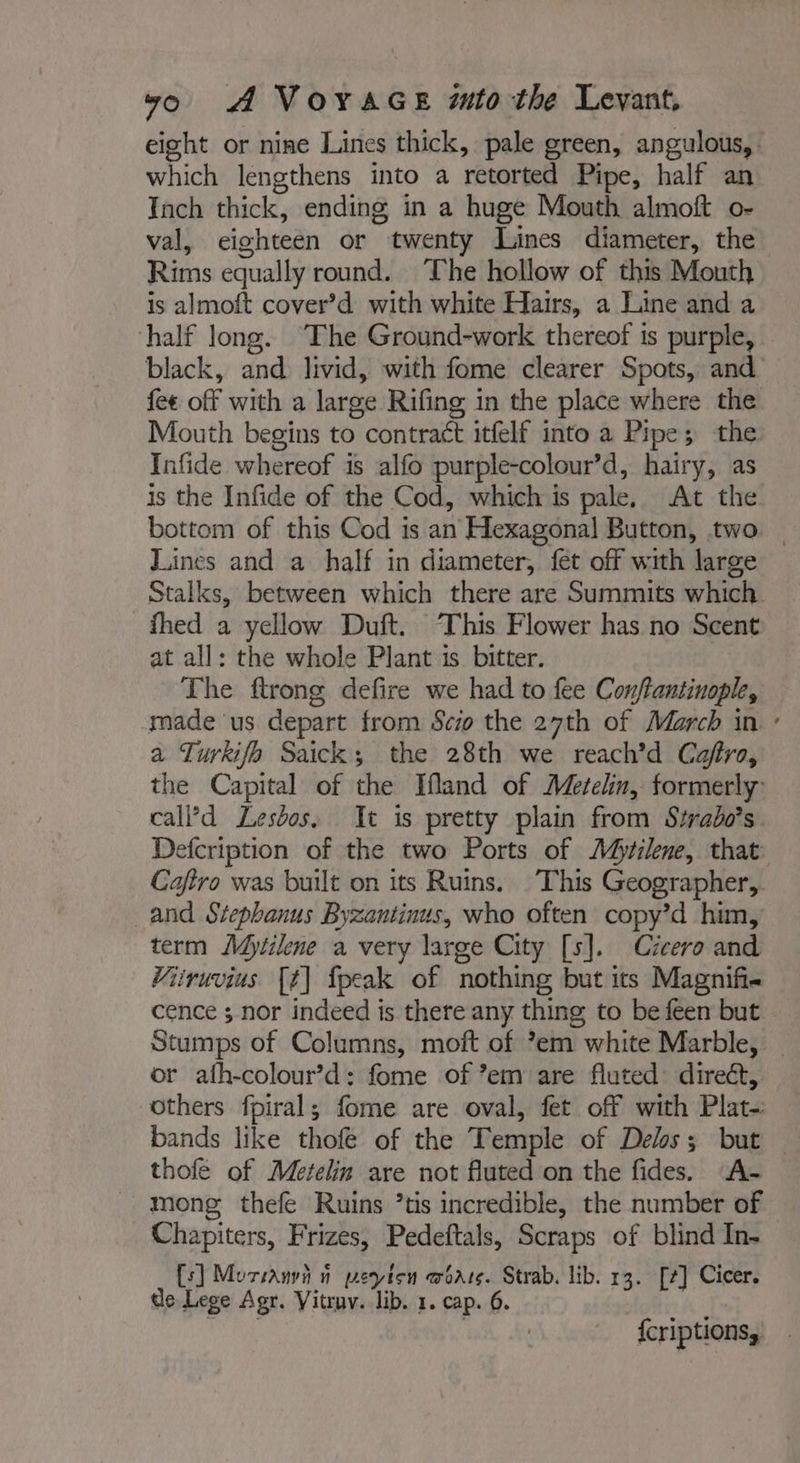 eight or nine Lines thick, pale green, angulous,. which lengthens into a retorted Pipe, half an Inch thick, ending in a huge Mouth almoft o- val, eighteen or twenty Lines diameter, the Rims equally round. ‘The hollow of this Mouth is almoft cover’d with white Hairs, a Line and a half long. “The Ground-work thereof is purple, black, and livid, with fome clearer Spots, and fee off with a large Rifing in the place where the Mouth begins to contract itfelf into a Pipe; the Infide whereof is alfo purple-colour’d, hairy, as is the Infide of the Cod, which is pale, At the bottom of this Cod is an Hexagonal Button, two — Lines and a half in diameter, fet off with large Stalks, between which there are Summits which. fhed a yellow Duft. This Flower has no Scent at all: the whole Plant is bitter. The ftrong defire we had to fee Conftantinople, made us depart from Scio the 27th of March in ° a Turkifo Saick; the 28th we reach’d Caftro, the Capital of the Ifland of Méetelin, formerly: call’d Lesbos. It is pretty plain from Strabo’s Defcription of the two Ports of Mytilene, that. Cafiro was built on its Ruins. This Geographer, and Stephanus Byzantinus, who often copy’d him, term Mytilene a very large City [s]. Cicero and Viiruvius [f] {peak of nothing but its Magnifie cence ; nor indeed is there any thing to be feen but Stumps of Columns, moft of ?em white Marble, — or afh-colour’d: fome of ’em are fluted: direct, others fpiral; fome are oval, fet off with Plat- bands like thofe of the Temple of Delos; but — thofe of Méetelin are not fluted on the fides. A- mong thefe Ruins ’tis incredible, the number of Chapiters, Frizes, Pedeftals, Scraps of blind In- s] Morsanvd n peyton wiars. Strab. lib. 13. [7] Cicer. does A Vu TEL aux 6. Us sie sk | {criptions, .