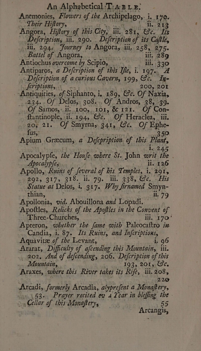 Anemonies, Flowers of the Archipelago, 1, 190. _ Their Hiftory, ‘ik 213° Angora, Hi iftory of this. Gr iii, 281, tc. Is Defcriptions M1. 290. Defeription of its Cajile, dil, 294: Journey to Angora, ll. 258, 275. -Battel of Angora, lil. 289 Antiochus overcome by Scipio, lil. 330 Antiparos, a Defcription of this Ife, i. 197.. À = Defcription of a curious Cavern, 199, Ge. In- feriptions, x 200, 201 | “Antiquities, . of Siphanto, i i, 189, &amp;c. Of Naxia, 234..Of Delos, 308... Of Andros, 38, 39. Of Samos, ii. 100,, 101, &amp; 121. Of Con- ftantinople, il. 194, 9e. Of Heraclea, iii. 20; 21. Of Smyrna, 341, &amp;c. Of Eghe- fus,: Apium | .Grecum, 4 Da pription. “of this Plat, 245 Apocaly pe, the Houfe- cobere St. John a the . Apocalypfes _ il. 126 Apollo, Rais of feveral of his Temples, i. 291, 202, 9175, 310. 270 MM. 338, 690, NÉLES Statue at Delos, 1, 317. Why firnamed Smyn- thian, ‘A, 79 Apollonia, vid. Abouillona and Lopadi. Apottles, Relicks of the Apoftles in the Convent of Three-Churches, ili, 170 Apteron, whether the fame with Paleocaftro i Candia, 1.87. Its Ruins, and Infcriptions, Aquavitæ of tbe Levant, 1. 96 Ararat, Difficulty of afcending this Mountain, iii. . 202. And of defcending, 206. Defcription of this Mountain, 193, 201, &amp;e, Araxes, where this River takes its Rife, ii. 208, 220 Arcadi, formerly Arcadia, alyprefent a Monaftery, 153. Prayer recited eu 4 Year in bleffing the Cellar es this Monaftery 4 55 | | Arcangis,