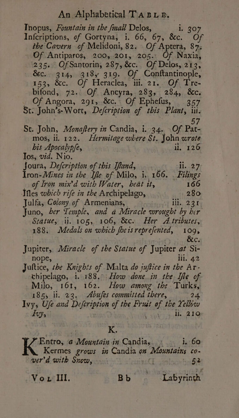 Tnopus, Fountain in the finall Delos, 1. 307 Infcriptions, of Gortyna, i. 66, 67, &amp;c. Of the Cavern of Melidoni, 82. ‘Of Aptera, 87: Of Antiparos, 200, 201, 205.: Of Naxia, 235. OfSantorin, 287, &amp;c. Of Delos, 213, &amp;ec. 314, 318y 319. Of Conftantinople, 153,-8cc.2 OF Heraclea,: ut. 21. Of re: bifond, 72. Of Ancyra, 283, 284, &amp;c. Of Angora, 291, &amp;c. Of Ephefus, 357 St: John’s-Wort, Defcription of this Plant, iu. 57 St. John, Monaftery in Candia, 1. 34. Of Pat- mos, ii. 122. Hermitage where St. John wrote bis Apocalypfe, il, 126 Tos, vid. Nio. Joura, Defcription of this Iland, 11.497 Iron-Mines in the Ifle of Milo, i. 166. Filings of Iron mix’d with Water, heat it, 166 Iles which rife in the Archipelago, 280 Julfa, Colony of Armenians, | ill. 231. Juno, ber Temple, and a Miracle wrought by ber Statue, i). 105, 106, &amp;c. Her A. tributes, 188. Medals on which fheisreprefented, 109, | | &amp;c. Jupiter, Miracle of the Statue of Jupiter at Si- nope, lil, 42 Juftice, the Knights of Malta do juftice in the Ar- chipelago, 1. 188.7: How done. in the. Ifle of Milo, 161, 162. How among the Turks, 1853 il. 23. &lt;Abufes committed there, 2.4 Ivy, Ufe and Rafreotion of the Frugt of the Yellow Ivy, lt iin Ba dh LO K. rEntro, ¢ Mountain in Candiasi.. i. 60 Kermes grows in Candia om Mountains co- ver’d with Snow, CL. -oslnan habe Vou Ill. Bb Labyrinh