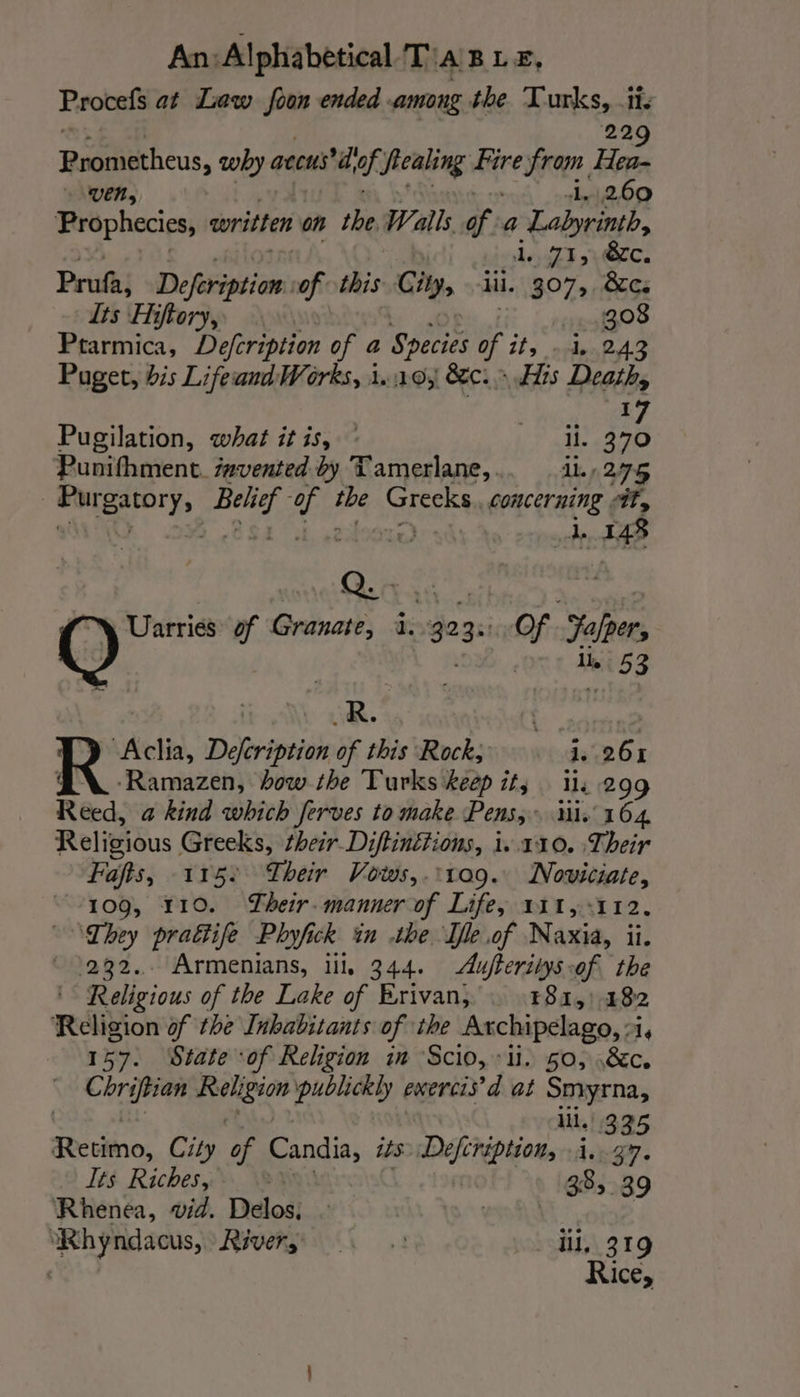 Procefs at Law foon ended among the Hunks ne ig D bus &gt; why aceus' dif Stealing Fire from Hea- ven, Ll. 260 Prophecies, soritten on the, Walls of: a Labyrinth, e775 LC. Prufa, Defeription of this City, iii. 307, TC: its Hiftory, 308 Ptarmica, Defeription of a Species of ity orden 2A Paget, bis Lifeiand Works, 1.10; Gc. &gt; \ dts Death, | 17 Pugilation, what it is, — ii. 370 Punifhment. 7avented by Tamerlane, Ll. 2975 | Pur ere pee (Bi the Greeks, concerning it, | 1. 148 1 ™ Uarries of Granate, à. 323.1 Of Fafper, Dae) li, 53 | ik. He Aclia, Defcription of this Rock, 1. 261 ‘Ramazen, bow the Turks keep it; 11: 299 Reed, a kind which ferves to make Pens,» iii. 164 Religious Greeks, their. Diftinétions, i. 110. Their Fafts, 1152 Their Vows,.:109. Noviciate, 109, 110. Their. manner of Life, 111, °112. They prattife Phyfick in the Ile of Naxia, ii. 232. Armenians, ill, 344. Aufferitysof the Religious of the Lake of Erivan, : Fr81, 182 Religion of the Inhabitants of the Axchipelago, :1, 157. State ‘of Religion in Scio, il. 50, &amp;c. el i he publickly exercis’d at Smyrna, | lil, Rerino, City of Candia, its Defcription, i, ms Its Riches, 3 38, 39 ‘Rhenea, vid. Delos, a Whyndacus, Rivers : .: Hil, 319 Rice,