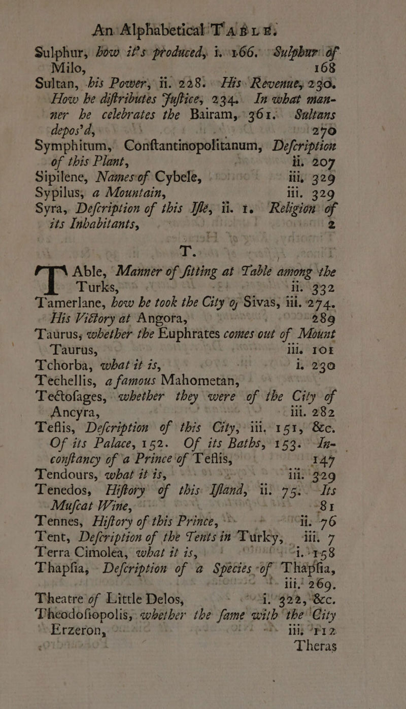 Sulphur, how ifs produced, 1. 266. ie ga a Milo, Sultan, bis Power, ii. 228. His Revenues 2 da How be diftributes Fuftice; 234 In what man- ner be celebrates the Bairam, 36 1. Saltans depos’ à, 11 270 Symphitum, Conftantinopolitanum, Defcription of this Plant, ; ii, 207 Sipilene, Namesof Cybele, :: : iii, 329 Sypilus, @ Mountain, lil. 329 Syra, Defcription of this Ife, ii. +. Religioe: Ÿ its Inbabitants, Able, Marner of fi ag at Table among the Turks, ® . il. 332 T'amerlane, bow be took the City 9 Sivas, iil. 274. His Viétory at Angora, | «02868 Taurus; whether the Euphrates comes out of Mount Taurus, | ill, IOE Tchorba, whatit is, | L230 Techellis, a famous Mahometan, | Tectofages, whether they were of the City of a | ii. 282 Teflis, Defcription of this City, lil, 151, &amp;c. Of its Palace, 152. Of its Baths, 153: In= — conftancy of a Prince ‘of fabs 147 Tendours, what it is, ~ Dead | ic 3 Tenedos, Hiftory of this Wend, il. 75: Its Mufcat Wine, “8: Tennes, Hiftory of this Pre, à af gare. Earl © Tent, Defcription of the Tents in été, FN 7 Terra Cimoléa, what it is, 4 1 NEA p58 Thapfia, Defcription of a a “of Thai, SP. iii 269, Theatre of Little Delos, + COOGEE SMOCC. Theodofiopolis, whether the fame aii the City Erzeron, -: l'A Hb SPI 2. | Theras