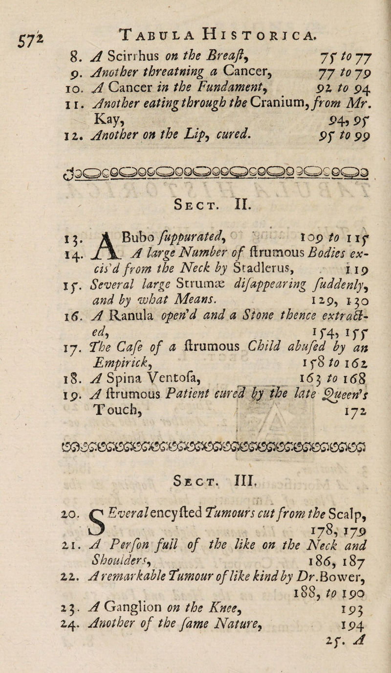 8. A Scirrhus on the Breaft, yy to yy 9. Another threatning a Cancer, 77 to 79 10. A Cancer in the Fundament, 92 94 1 r. Another eating through the Cranium, from Mr. Kay, 94,97 12. Another on the Lip, py 99 Sect. II. . ' 4 a 13. A Bubo fuppurated, top to 1 if 14. Jl\ A Urge Number of ft ruinous Bodies ex¬ cis'd from the Neck by Sfadlerus, 119 if. Several Urge Strumas dijappearing fuddenly, and by what Means. 129, 130 1A Ranula open'd and a Stone thence extraU- edj 1) 4s 1 f f 17. The Cafe of a ftrumous Child abufed by an Empiric k, if8/0i62 18. A Spina Ventofa, 165 to 168 19. A ftrumous Patient cured fyy the late Queen*s Touch, 172 Sect. III. 20. Q Everale ncyfted Tumours cut from the Scalp, &gt;3 ^ ^ 178, 179 zi. A P erf on full of the like on the Neck and Shoulders9 186, 187 22. A remarkable Tumour of like kind by Z)r. Bo wer, 188, to 190 19} 194 2f. A 23. A Ganglion on the Knee, 24. Another of the fame Nature,