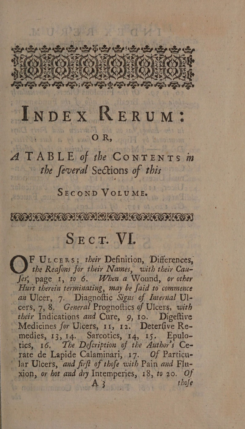 see OL ke: A TABLE of th ContTENTs in » the feveral Sections of this Vt SECOND VoLuME GSI ROI! Sect. VL F Urcers; their Definition, Differences, ‘ the Reafons for their Names, with their Cau- Jes, page 1, t0 6. When a Wound, or other Hurt therein terminating, may be faid to commence an Ulcer, 7. Diagnoftic Sigus of Internal Ul- cers, 7, 8. General Prognoftics of Ulcers, with their Indications and Cure, 9, 10. Digeftive Medicines for Ulcers, 11, 12. Deterfive Re- _ .medies, 13, 14... Sarcotics, 14, 15. Epulo- tics, 16. The Defcription of the Author's Ce- rate de Lapide Calaminari,.17. Of Particu- — ‘Jar Ulcers, and firft of thofe with Pain and Flu- xion, or hot aud dry Intemperies, 18, to 20. Of , vie ps thofe