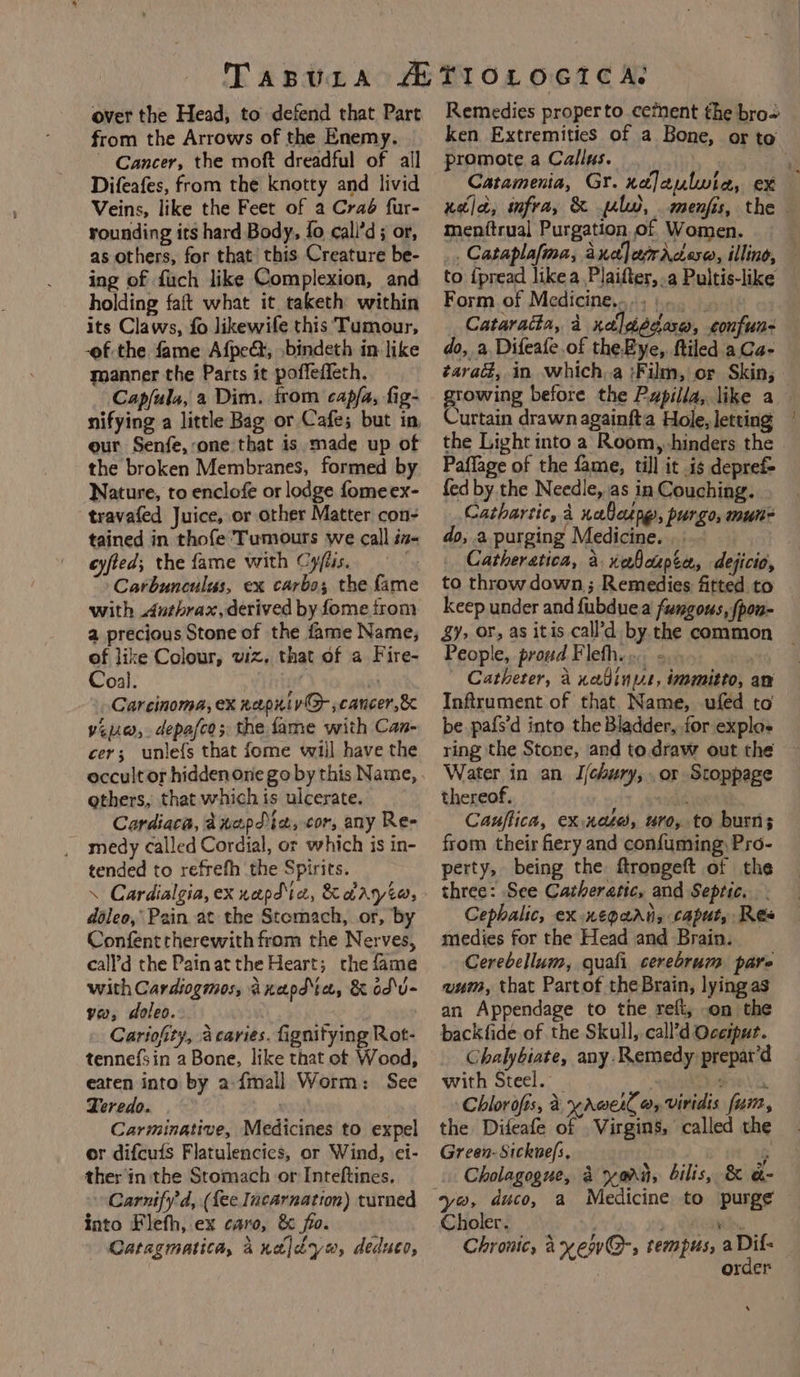 over the Head, to defend that Part from the Arrows of the Enemy. Cancer, the moft dreadful of all Difeafes, from the knotty and livid Veins, like the Feet of a Craé fur- rounding its hard Body, fo cali’d; or, as others, for that this Creature be- ing of fuch like Complexion, and holding faft what it. taketh within its Claws, fo likewife this Tumour, -of the fame Afped, .bindeth in like manner the Parts it poffeffeth. Capfula, a Dim. from capfa, fig- nifying a little Bag or Cafe; but in, eur Senfe, one that is made up of the broken Membranes, formed by Nature, to enclofe or lodge fomeex- travafed Juice, or other Matter con- tained in thofe ‘Tumours we call ia- cyfted; the fame with Cy/ius. Carbunculus, ex carbo; the fame with .duthrax, derived by fome trom a precious Stone of the fame Name, of like Colour, wiz. that of a Fire- Coal. ti Carcinoma, ex napniv® ,cancer,&amp; vii@, depafco; the fame with Can- cer; unlefs that fome will have the others, that which is ulcerate. Cardiaca, AxapDia, cor, any Re- ~ medy called Cordial, or which is in- tended to refrefh the Spirits. \ Cardialgia, ex naphia, &amp;adAryio, doleo, Pain at the Stomach, or, by Confent therewith from the Nerves, call'd the Painat the Heart; the fame with Cardiogmos, anapd tet, &amp; od\U- vo, doleo. | Cariofity, acaries. fignitying Rot- tennefsin a Bone, like that of Wood, eaten into by a-{mall Worm: See Teredo. xii) Carminative, Medicines to expel or difcufs Flatulencies, or Wind, ei- ther in the Stomach or Inteftines. Carnify’d, (fee Incarnation) turned into Fleth, ex caro, &amp; fi. Catagmatica, Analdyw, deduco, Remedies properto cetnent the bro promote a Callus. menftrual Purgation of Women. Form of Medicine...) .. Catarada, 4 xaldedase, confun- do, a. Difeafe.of theBye, ftiled a Ca- tarad, in which.a :Film, or Skin; growing before the Pupilla, like a Curtain drawn againfta Hole, letting the Light into a Room, hinders the Paflage of the fame, till it is depref- fed by the Needle, as in Couching. _ Cathartic, a naberpy, purgo, mun= do, a purging Medicine. Catheratica, a xeboupta, dejicio, to throw down ; Remedies fitted to keep under and fubduea fungous, {pon- People, proud Fleth. . &lt;,. . Catheter, a xadintt, imumitto, an Inftrument of that Name, ufed to be pafs’d into the Bladder, for explo- ring the Stone, and to.draw out the Water in an I/chury, or Stoppage thereof. sake Cauftica, ex need, uro, to burn; from their fiery and confuming, Pro- perty, being the ftrongeft of the three: See Catheratic, and Septic. . Cephalic, ex-negaat, caput, Res medies for the Head and Brain. Cerebellum, quali cerebrum pare wum, that Partof the Brain, lying as an Appendage to the refi, on the back fide of the Skull, call’d Oceiput. Chalybiate, any. Remedy prepat’d with Steel. _ dnl. Chlorofis, i y~rwerl o, Viridis (um, the Difeafe of Virgins, called the Green-Sickne/s, f Cholagogue, a rani, bilis, &amp; &amp;- ya, duco, a Medicine to purge Choler. f ; CN Chronic, ay esv@-, tempus, a Dif- order