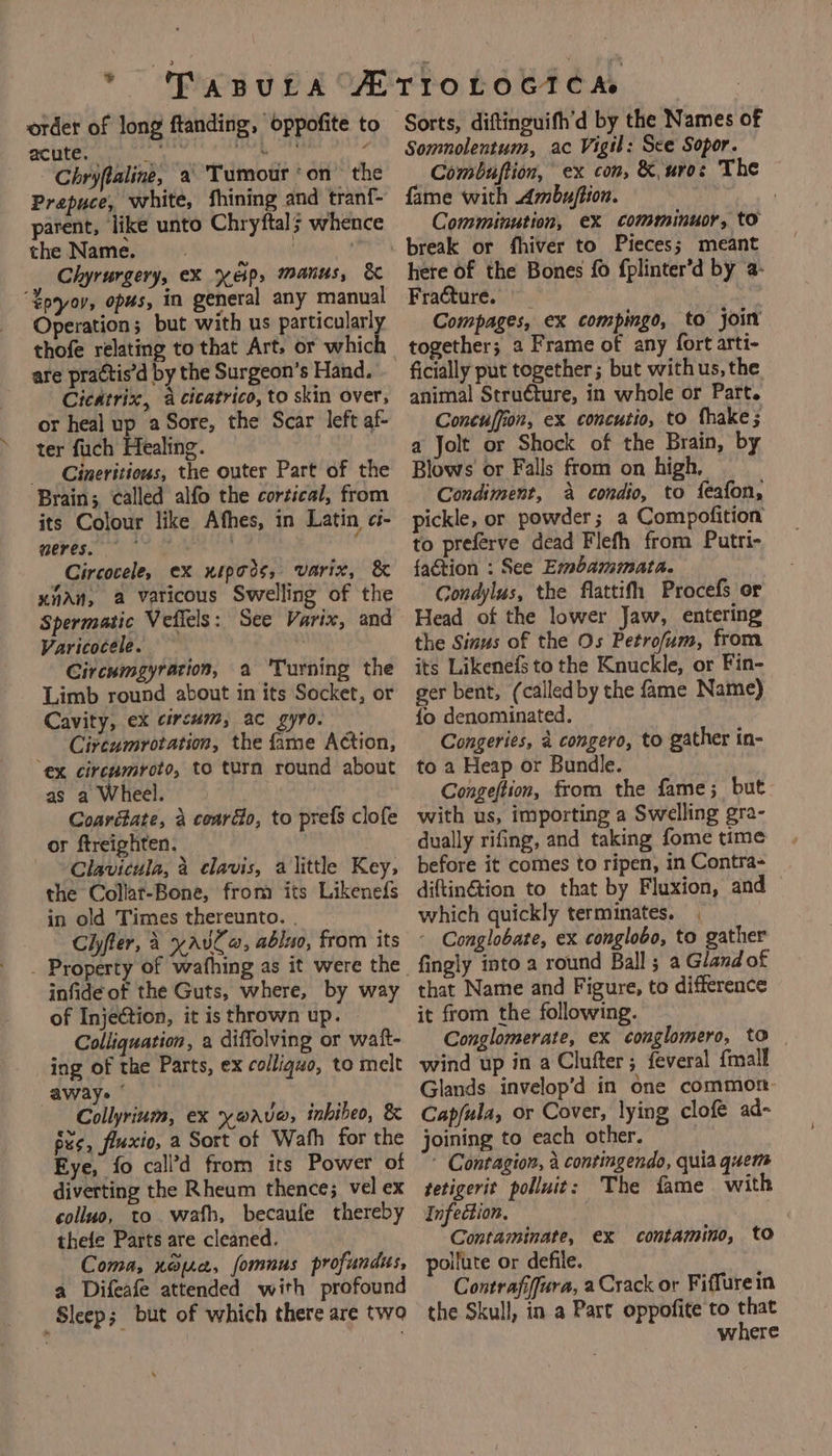 order of long ftanding, oppofite to acute. on ee et A ~ Chryftaline, a ‘Tumour ‘on’ the Prapuce, white, fhining and tranf- parent, like unto Chryftals whence the Name. . Chyrurgery, eX Yep, manus, & ‘Yoroy, opus, in general any manual Operation; but with us particularl thofe relating to that Art. or hich are practis’d by the Surgeon’s Hand. Cicatrix, a cicatrico, to skin over, or heal up a Sore, the Scar left af- ter fuch Healing. Cineritious, the outer Part of the Brain; called alfo the cortical, from its Colour like Afhes, in Latin ci- meres. i” | —Circocele, ex xipods, varix, & xnAn, a Varicous Swelling of the Spermatic Vefiels: See Varix, and Varicocele. Circnmgyracion, a ‘Turning the Limb round about in its Socket, or Cavity, eX circum, ac gyro. Civeumrotation, the fame Action, ‘ex circumroto, to turn round about as a Wheel. Coardate, a coardo, to prefs clofe or ftreighten. - Clavicula, a clavis, a little Key, the Collat-Bone, from its Likeneds in old Times thereunto. . Chyfter, A yaAvC@, abluo, from its infide of the Guts, where, by way of Injection, it isthrown up. | Colliquation, a diffolving or waft- ing of the Parts, ex colliquo, to melt aways ° Collyrium, ex yaaveo, inhibeo, & bes, fluxio, a Sort of Wath for the Eye, fo call’d from its Power of diverting the Rheum thence; vel ex colluo, to wath, becaufe thereby thefe Parts are cleaned. Coma, naa, fomnus profundits, a Difeafe attended with profound Sleep; but of which there are two Sorts, diftinguifh’d by the Names of Somnolentum, ac Vigil: See Sopor. Combuftion, ex con, &,uros The fame with Ambuftion. | Comminution, ex comminuor, to here of the Bones fo fplinter’d by a- Fracture. Compages, ex compingo, to join ficially put together; but with us, the animal Struéture, in whole or Part. Contuffion, ex concutio, to thake ; a Jolt or Shock of the Brain, by Blows or Falls from on high, Condiment, a condio, to feafon, pickle, or powder; a Compofition to preferve dead Flefh from Putri- faction : See Embammata. Gondylus, the flattifh Procefs or Head of the lower Jaw, entering the Sinus of the Os Petrofum, from its Likenefs to the Knuckle, or Fin- ger bent, (calledby the fame Name) fo denominated. Congeries, a congero, to gather in- to a Heap or Bundle. Congeftion, from the fame; but with us, importing a Swelling gra- dually rifing, and taking fome time before it comes to ripen, in Contra- diftin@ion to that by Fluxion, and which quickly terminates. - Conglobate, ex conglobo, to gather fingly into a round Ball ; a Gland of that Name and Figure, to difference it from the following. Conglomerate, ex conglomero, to | wind up in a Clufter; feveral fmall Glands invelop’d in one common Capfula, or Cover, lying clofe ad- joining to each other. ' Contagion, a contingendo, quia quem tetigerit polluit: The fame with Infection. Contaminate, ex contamino, to pollute or defile. Contrafiffura, a Crack or Fiffurein the Skull, in a Part oppofite to that where
