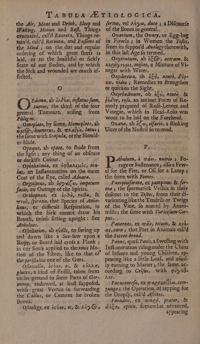 the Air, Meat and Drink, Sleep and Waking, Motion and Reft, Things evacuated, call’d Excreta, Things re- the Mind ; on the due and regular ordering of which great fires “is laid, .as to the healthful or fickly State of our Bodies, and by which the Sick and wounded are much af- fected. a O Edema, ab ctd\¢a, inflatus fum, () tumeo; the third of the four general Tumours, © arifing from Phlegi.: ny Omoplate, by fome, Homopiate, ab our, humerus, &amp; gras, latus ; the fame with Scapula, or the Should- er-blade. ~ Opagquo, ab opace, to fhade from _thelight; any thing of an obfcure er-darkifh Colour. | | » Ophthalimia, ex OobaALOS, ocH- lus, an Inflammation on the outer Coat of the Eye, called 4dnata. Orgafinus, ab opydla, impetum facio, an Outrage of the Spirits. Orthopnan, ex .apdi, recta, &amp; ervoi), /piratio, that Species of Anhe- litus, or difficult. Refpiration, in which the Sick cannot. draw: his Breath, unlefs fitting upright: See Anhelous. | Ofeillation, ab ofcillo, to {wing up and down like a See-faw upon a Rope; or Beard laid crofs a Plank ; in our Senfe applied to the tome Mo- tioti of the Fibres, like to that of - the periflaltic one of the Guts. Offeocolla, octov, os, &amp; KbAAMs gluten, a kind of Foffil, taken from under ground in fame Parts of Ger- many, endowed, at leaft fuppofed, with» great Vertue in forwarding the Callus, or Cement for broken Bones. fermo, vel Atya, duco ; a Difcourfe of the Bones in general... _ Ovarium, the Ovary, or Egg-bag in Fowls ; in Women ‘the Tefiis, from its fuppos’d 4ualogy therewith, in this laft Age fo termed. Oxycratum, ab o&amp;@-, acetum, &amp; Keegyvupt, mifceo, a Mixture of Vi- negar with Water. Oxydorcica, ab oF0, acute, Sp= xa, video ; Remedies to ftrengthen _ or quicken the Sight. | Oxyrhodinum, ob o&amp;v, acute, &amp; pod'oy, ro/a, an antient Form of Re- medy prepared of Rofe-Leaves and Vinegar, which in Head-Achs was wont to be laid on the Forehead. Oxana, ab oC a, olfacio, a ftinking Ulcer of the Noftril fo termed. P. Abulum, a rdw, nutrio ; Fo- rage or Suftenance ; alfoa Few- el for the Fire, or Oil for a Lamp 5 the fame with Fomes. Pampiniforme, ex pampinus &amp; for- ma; the {permatick Veflels in their defcent to the Te/tes, from their di- varicating like the Tendrils or Twigs of the Vine, fo named by Anato- mifts; the fame with Varicofum Cor- p4s. bie Pancreas, ex wav; totum, &amp; xupé- as,caro; that Part in Animals call’d the Sweet-bread. i Panus, quali Panis,a Swelling with Inflammation rifing under the Chins of Infants and young Children, ap« pearing Jike a little Loaf, and ufual- ly turning to Matter ; the fame, ac- cording to Celfus, with gvysQ- AOV. Paracentefis, ex waegruel] 40, com- pungo ; the Operation of tapping for the Dropfy, call’d A/cites. | Paradox, ex waged, prater, &amp; Pokat, opiwio, fomewhat advanced, appearing