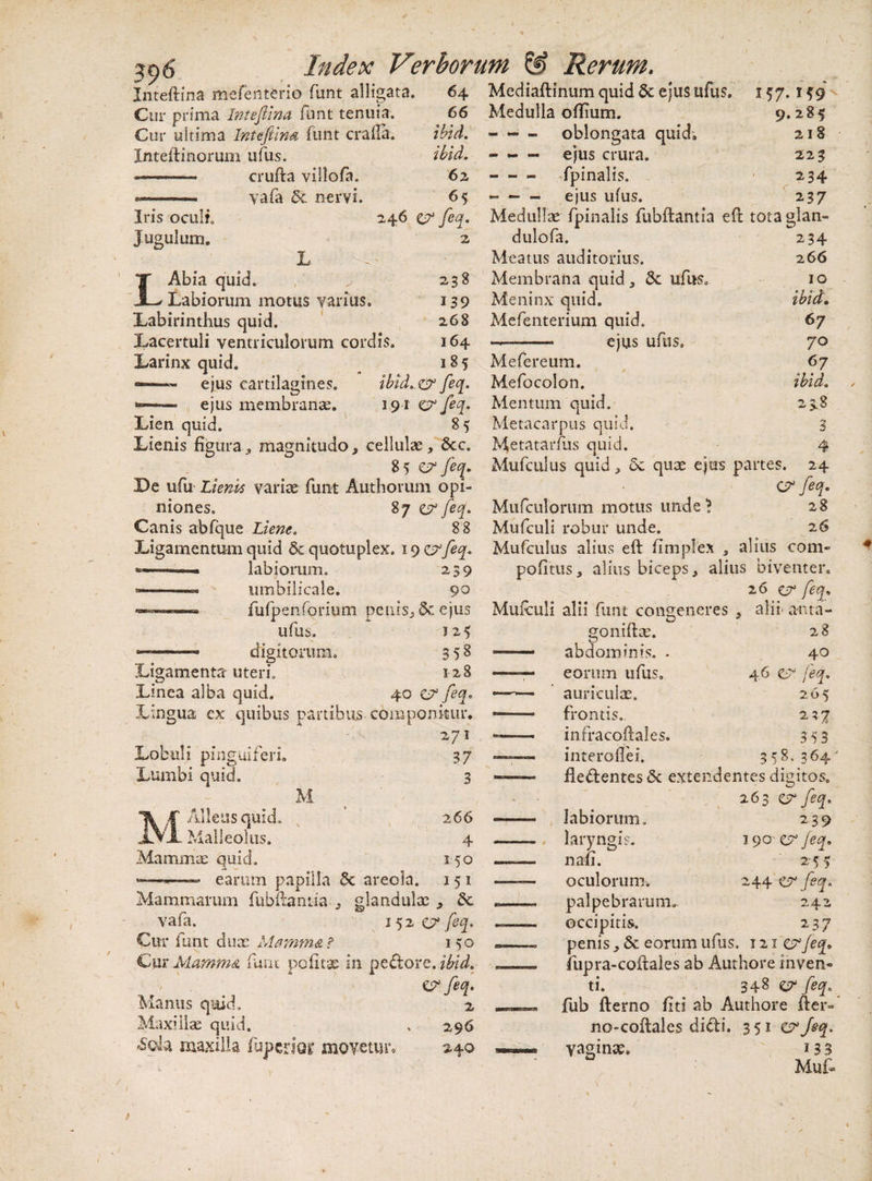 Inteftina mefenterio funt alligata. 64 Mediaftinum quid St ejusufus. 157.159 66 Medulla oftium. 9.285 i&amp;d. - — - oblongata quid, 21S zW. - - ~ ejus crura. 225 62-fpinalis. 234 65 - - - ejus ufus. 237 Cur prima InteJUna funt tenuia. Cur ultima Inteftina funt crafia. Inteftinorum ufus. >—-- crufta viilofa. -- vafa St nervi. Iris oculi. Jugulum. 2,46 ZV feq. Medullae fpinalis fubftantia eft totaglan- L LAbia quid. Labiorum motus varius. Labirinthus quid. Lacertuli ventriculorum cordis. Larinx quid. dulofa. Meatus auditorius. 238 Membrana quid, St ufus. 139 Meninx quid. 268 Mefenterium quid. 164 -- ejus ufus, 185 Mefereum. ejus cartilagines. ibidfeq. Mefocolon. *•>—— ejus membranae. 191 &amp; feq. Mentum quid. Lien quid. 85 Metacarpus quid. Lienis figura, magnitudo, cellulae, Stc. Metatarfiis quid. 85 z? feq. Mufculus quid, St quae ejus partes Pe ufu Lienis varice funt Authorum opi¬ niones. 87 zv feq. Canis abfque Liene. 88 Ligamentum quid St quotuplex. 19 crfeq. «=———» labiorum. 239 ———— umbilicale. 90 234 266 10 ibid. 67 70 ?7 ibid. 23-8 3 4 24 C? feq. Mufculorum motus unde 1 28 Mufculi robur unde. 26 Mufculus alius eft fimplex , alius com» pofitus, alius biceps, alius biventer. 26 cv feq. fufpenforium penis, &amp; ejus Mufculi alii funt congeneres , alii anta- ufus. digitorum. j 25 358 128 40 ZV feq. goniftae. Ligamenta uteri. Linea alba quid. Lingua ex quibus partibus componitur 271 Lobuli pinguiferi. 37 Lumbi quid. 3 M. MAlleusquid. 2 66 Malleolus. 4 Mammae quid. 150 ——*—- earum papilla St areola. 15 1 Mammarum fubftantia , vafa. Cur funt duae Mamma ? Cur Mamma funt politae in pedore, ibid. ZV feq. Manus quid. 2 Maxillas quid. , 296 <Soia maxilla fupcnoE movetur, 240 glandulae , St 152^ feq. 150 28 40 46 ZV feq. 265 237 abdominis. - eorum ufus, auriculae, frontis, infracoftales. interoffei. 358.364' fledentes St extendentes digitos. 263 £?* feq. 353 labiorum. laryngis. nafi. oculorum, palpebrarum, occipitis. 239 I 90 zv feq. 255 244 feq. 242 237 penis, St eorum ufus. 121 zvfeq. fupra-coftales ab Authore inven¬ ti. 348 Z? feq. fub fterno fiti ab Authore fter- no-coftales didi. 351 zsrfeq, vaginae. 13 3 Mufi !