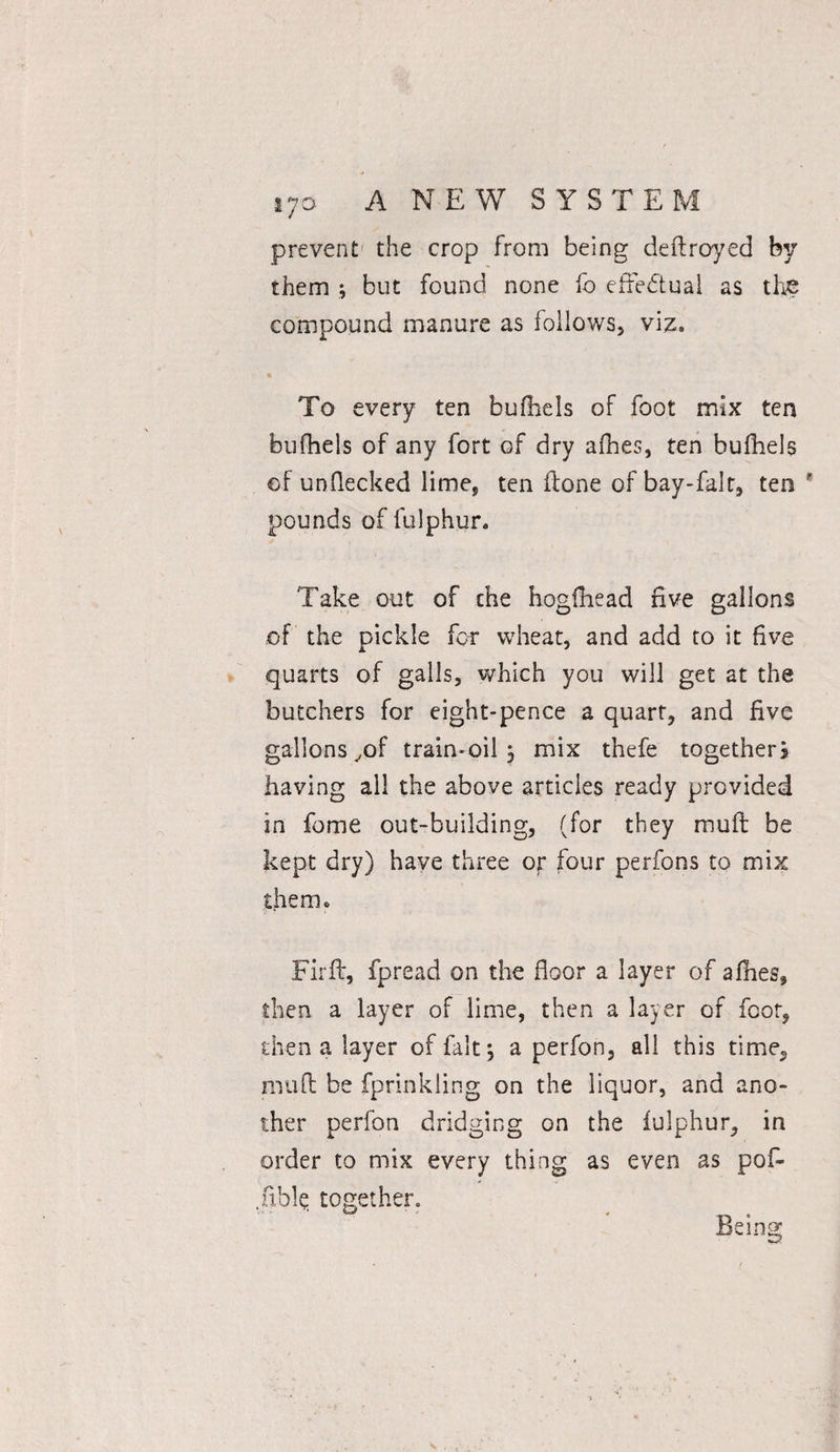 prevent1 the crop from being deftroyed by them ; but found none fo effectual as the compound manure as follows, viz. % To every ten bufhels of foot mix ten bufhels of any fort of dry afhes, ten bufhels of unflecked lime, ten done of bay-falt, ten pounds of fulphur. Take out of the hogfhead five gallons of the pickle for wheat, and add to it five quarts of galls, which you will get at the butchers for eight-pence a quart, and five gallons ,,of train-oil j mix thefe together j having all the above articles ready provided in feme out-building, (for they mu ft be kept dry) have three or four perfons to mix them. Firft, fpread on the floor a layer of afhes, then a layer of lime, then a layer of foot, then a layer of fait 5 a perfon, all this time, nuift be fprinkling on the liquor, and ano¬ ther perfon dridging on the fulphur, in order to mix every thing as even as pof- ,uhle together. Being