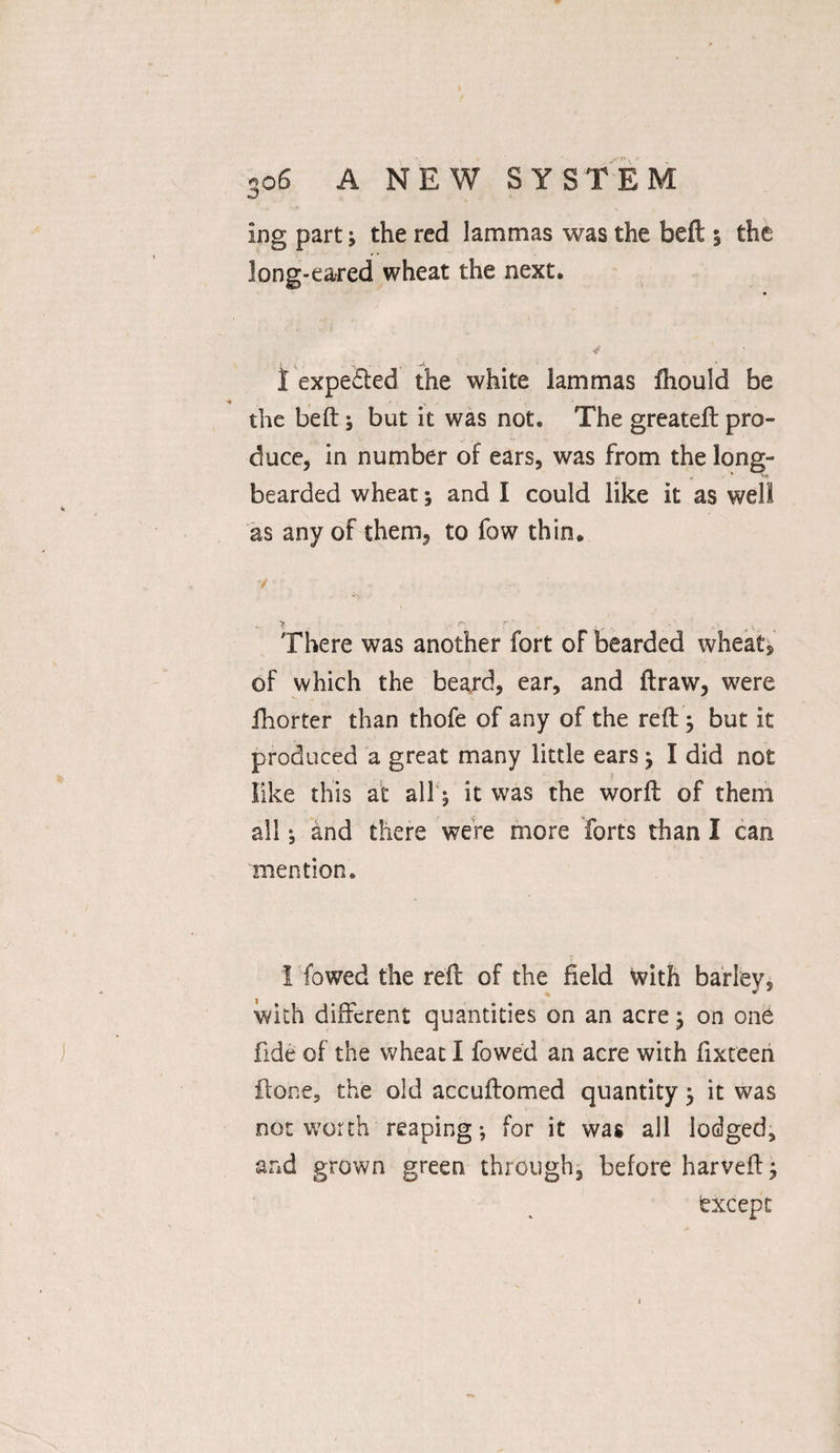 ing part; the red lammas was the beft 5 the long-eared wheat the next. I expedted the white lammas fhould be >• >■ • .. _ the beft; but it was not. The greateft pro¬ duce, in number of ears, was from the long- bearded wheat \ and I could like it as well as any of them, to fow thin. ✓ ' - H r‘; There was another fort of bearded wheat, of which the beard, ear, and ftraw, were fhorter than thofe of any of the reft ; but it produced a great many little ears} I did not like this at all ^ it was the worft of them all j and there were more forts than I can mention. I fowed the reft of the field with barley, with different quantities on an acre} on one fide of the wheat I fowed an acre with fixteen ftone, the old accuftomed quantity 5 it was not worth reaping; for it was all lodged, and grown green through, before harveft; txcepc