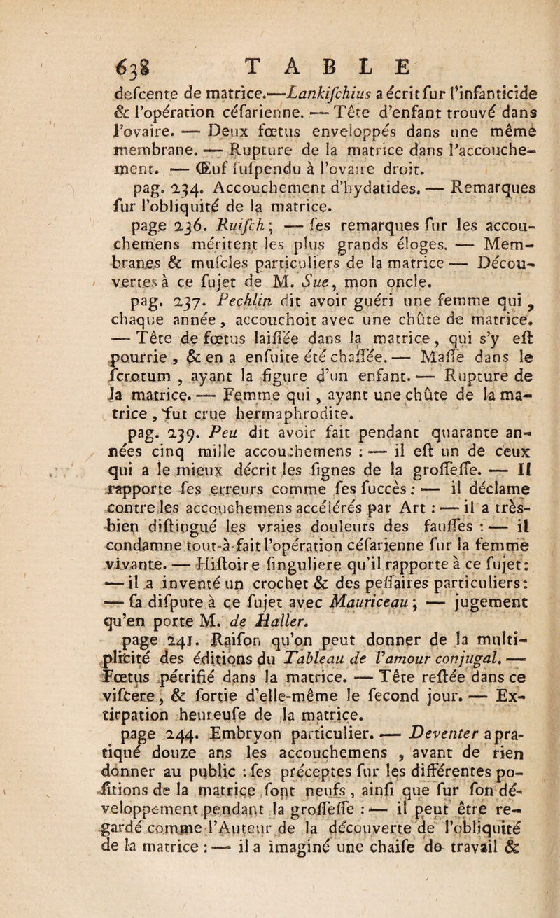 defcente de matrice.—Lankifchius aécritfur l’infanticide &amp; l’opération céfarienne. — Tête d’enfant trouvé dans l’ovaire. — Deux fœtus enveloppés dans une même membrane. —- Rupture de ia matrice dans Paccouche- ment. — (Euf fufpendu à Povaire droit. pag. 234. Accouchement d’hydatides. -— Remarques fur l’obliquité de la matrice. page 236. Ruifch ; — fes remarques fur les accou- chemens méritent les plus grands éloges. — Mem¬ branes &amp; mufcles particuliers de la matrice — Décou¬ vertes à ce fujet de M. Suey mon oncle. pag. 237. Pechlin dit avoir guéri une femme qui , chaque année, accouchoit avec une chute de matrice. ■—Tête de fœtus lai fiée dans la matrice, qui s’y efl pourrie , &amp; en a enfuite été chaffée.— Mafle dans le fcr.otum , ayant la figure d’un enfant. — Rupture de la matrice.-— Femme qui , ayant unechûte de la ma¬ trice. Tut crue hermaphrodite. pag. 239. Peu dit avoir fait pendant quarante an¬ nées cinq mille accouchemens : — il eft un de ceux qui a le mieux décrit les fignes de la groffêffe. — I( rapporte fes erreurs comme fes fuccès : — il déclame contre les accouchemens accélérés par Art : — il a très- bien diflingué les vraies douleurs des fauffes : —- il condamne tout-à fait l’opération céfarienne fur la femme vivante. — Hiftoire finguliere qu’il rapporte à ce fujet: — il a inventé un crochet &amp; des peffaires particuliers: — fa difpute à çe fujet avec Mauriceau ; — jugement qu’en porte M. de Haller. page 241. Raifort qu’on peut donner de la multi¬ plicité des éditions du Tableau de Vamour conjugal. — Fœtus pétrifié dans la matrice. —Tête reftée dans ce vifcere, &amp; fortie d’elle-même le fécond jour. -— Ex¬ tirpation heureufe de la matrice. page 244. Embryon particulier.— Deventer a pra¬ tiqué douze ans les accouchemens , avant de rien donner au public : fes préceptes fur les différentes po¬ sitions de la matrice font neufs, ainfi que fur fon dé¬ veloppement pendant la groffeffe — il peut être re¬ gardé comnie l’Auteur de la découverte de l’obliquité de la matrice : — il a imaginé une chaife de travail &amp;