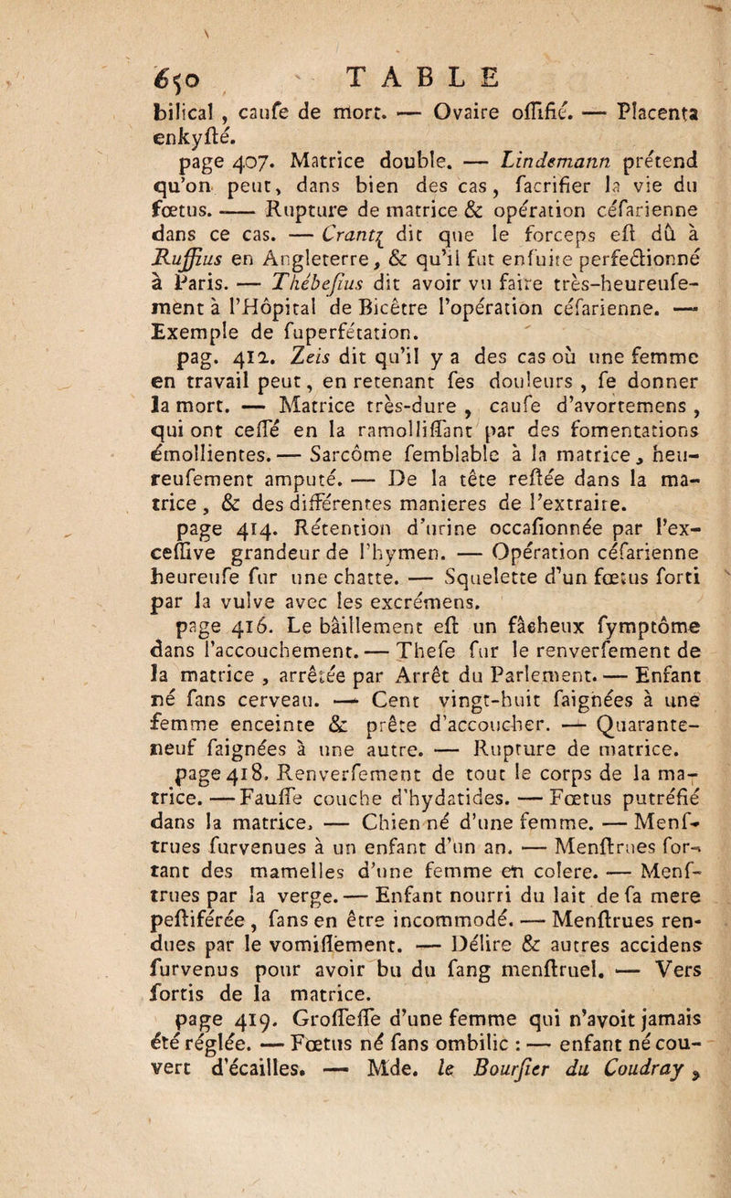 £^o T A B L H bilical , caufe de mort. •— Ovaire ofïïfie. ■— Placenta enkyfté. page 407. Matrice double. — Lindsmann prétend qu’on peut, dans bien des cas, facrifier la vie du fœtus. -— Rupture de matrice &amp; opération céfarienne dans ce cas. — Crant{ dit que ie forceps efï dû. à Rujjius en Angleterre, &amp; qu’il fut enfuite perfectionné à Paris. — Tkébejius dit avoir vu faire très-heureufe- inent à l’Hôpital de Bicêtre l’opération céfarienne. —- Exemple de fuperfétation. pag. 412. Zeis dit qu’il y a des cas où une femme en travail peut, en retenant fes douleurs, fe donner la mort. — Matrice très-dure , caufe d’avortemens , qui ont ceffé en la ramollifTant par des fomentations émollientes.— Sarcome femblable à la matrice, heu- reufement amputé. — De la tête reliée dans la ma¬ trice , &amp; des différentes maniérés de l’extraire. page 414. Rétention d’urine occafionnée par l’ex- cefïive grandeur de l’hymen. — Opération céfarienne heureufe fur une chatte. — Squelette d’un fœtus forti par la vulve avec les excrémens, page 416. Le bâillement eft un fâcheux fymptôme dans l’accouchement. — Thefe fur le renverfement de la matrice , arrêtée par Arrêt du Parlement. — Enfant né fans cerveau. —• Cent vingt-huit faighées à une femme enceinte &amp; prête d’accoucher. — Quarante- neuf faignées à une autre. — Rupture de matrice. page 418. Renverfement de tout le corps de la ma¬ trice.— Fauffe couche d’hydatides. — Fœtus putréfié dans la matrice. — Chien né d’une femme. —Menf- trues furvenues à un enfant d’un an. 1— Menftrues for-^ tant des mamelles d’une femme en coîere. — M.enf« trues par la verge.— Enfant nourri du lait de fa mere peftiférée , fans en être incommodé. — Menftrues ren¬ dues par le vomifîëment. — Délire &amp; autres accidens furvenus pour avoir bu du fang menflruel. — Vers fortis de la matrice. page 419. GrofTefTe d’une femme qui n’avoit jamais été réglée. — Fœtus né fans ombilic : — enfant né cou¬ vert d’écailles. — Mde. h Bourjler du Coudray ^