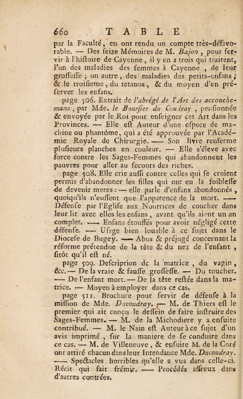 6-6 o TABLE par la Faculté, en ont rendu un compte très-défàvo- rable. — Des feize Mémoires de M. Bajon , pour fer- vir à Phiftoire de Cayenne, il y en a trois qui traitent, l'un des maladies des femmes à Cayenne , de leur groflêffe ; un autre, des maladies des petits-enfans ; èc le troifieme, du tétanos , &amp; du moyen d’en pré- ferver les enfans. page 506. Extrait de l’abrégé de VArt des accouche- mens , par Mde. le Bourjier du CouJray , penfionnée &amp; envoyée par le Roi pour enfeigner cet Art dans les Provinces. — Elle eft Auteur d’une efpece de ma¬ chine ou phantôme, qui a été approuvée par l’Acadé¬ mie Royale de Chirurgie. —— Son livre renferme plusieurs planches en couleur. — Elle s’élève avec force contre les Sages-Femmes qui abandonnent les •pauvres pour aller au fecours des riches. page 508. Elle crie aufii contre celles qui fe croient permis d’abandonner les filles qui ont eu la foibleffe de devenir -mer.es : — elle parle d’enfans abondonnés , quoiqu’ils n’eufTent que l’apparence de la mort. —— Défenfe par PEglife aux Nourrices de coucher dans leur lit avec elles les enfans , avant qu’ils aient un an complet,, —. Enfans étouffés pour avoir négligé cette défenfe. —&gt;- Ufage bien louable à ce fujet dans le Diocefe de Bugey. —- Abus &amp; préjugé concernantla réforme prétendue de la tête &amp; du nez de l’enfant , fttôt qu’il eft né. page 509. Defcription de la matrice , du vagin , &amp;c.— De la vraie &amp; faufte groffeffe. — Du toucher» ■— De l’enfant mort.— De la tête reftée dans la ma¬ trice. —- Moyen à employer dans ce cas. page 511. Brochure pour fervir de défenfe à la miffion de Mde. Ducoudray. — M. de Thiers eft le premier qui ait conçu le deffein défaire inftruire des Sages-Femmes. — M. de la Michodiere y a enfuite contribué, — M. le Nain eft Auteur à ce fujet d’un avis imprimé , fur la maniéré de fe conduire dans ce cas. — M. de Villeneuve , &amp; enfuite M. de la Coré ont attiré chacun dans leur Intendance Mde. Ducoudray. —— Spectacles horribles qu’elle a vus dans celle-ci. Récit qui fait frémir. —— Procédés affreux dan§ d’autres contrées.