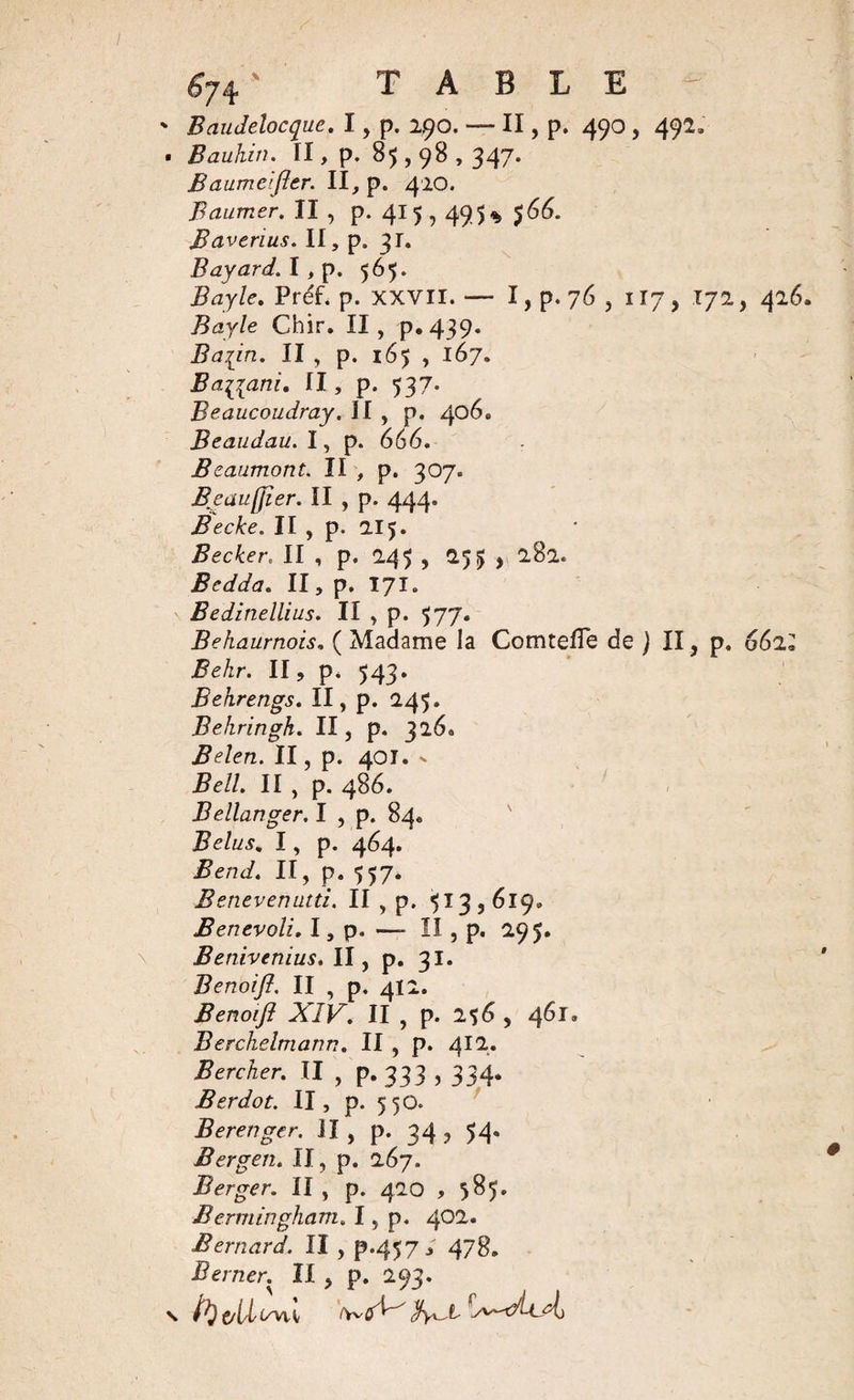 ' Baudelocque. I, p. 290. — II, p. 490 , 492» . Bauhin. II, p. 85,98,347. Baumcifter. II, p. 420. Baumer. II, p. 41 5,49 5 % $66. B avenus. II, p. 3T. Bayard. I , p. 565. Bayle. Préf. p. XXVII. — I, p. 76 , 117 , X72 Bayle Chir. II, p.439. Baiÿn. II , p. 165 , 167. Basant, II, p. 537. Beaucoudray. II , p. 406. Beaudau. I, p. 666. Beaumont. II , p. 307. Beaufjîer. II , p. 444. Becke. II , p. 215. Becker. II , p. 245 , 255 * 282. Bedda. II, p. 171. Bedinellius. II , p. 577. Behaurnois. ( Madame la ComtefTe de ) II, p. Behr. II, p. 543. Behrengs. 11, p. 245. Behringh. II, p. 326. Belen. II, p. 401. Bell. II , p. 486. Bellanger. I , p. 84. Belus„ I, p. 464. Bend. II, p. 557. Benevenutd. II , p. 513,619. Benevoli. I, p. — II , p. 295. Benivenius. II, p. 31. Benoifl. II , p. 412. Benoifl XIV. II , p. 256, 461» Berchelmann. II , p. 4I7* Bercher. II , p. 333 , 334. Ber dot. II, p. 55O. Berenger. H, p. 34? 54- Bergen. II, p. 267. Berger, il , p. 420 , 585. Bermingham. I, p. 402. Bernard. II , p.457, 478. Berner. n, P. 293. \ P) f/il i/&gt;u fcûV'