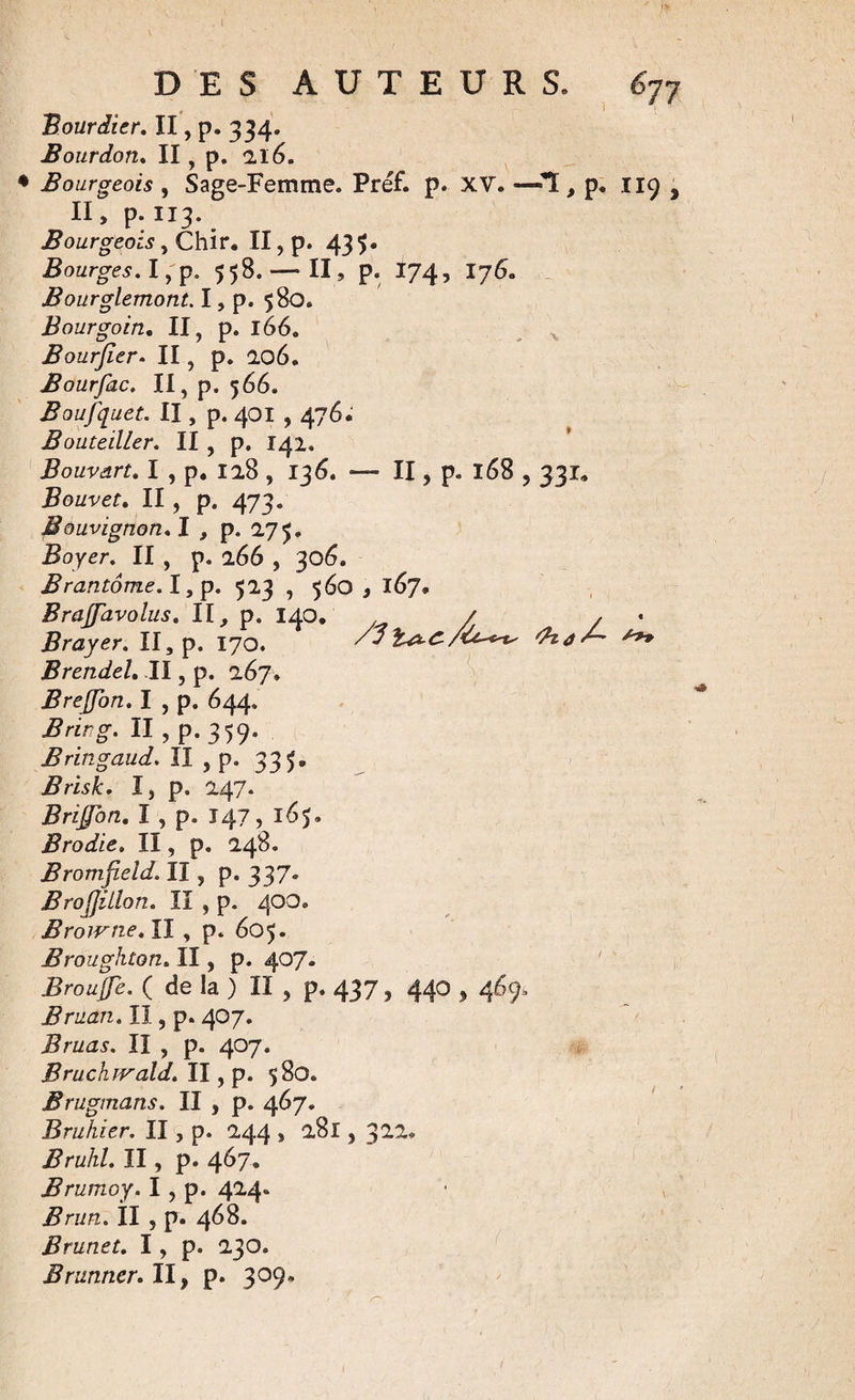 Bourdîer. II, p. 334. Bourdon. II, p. il6. ♦ Bourgeois , Sage-Femme. Préf. p. XV. «—*1, p. 119 , II, p. 113. Bourgeois, Chir. II, p. 43*). Bourges. I,'p. 558. — II, p. I74, I76. Bourglemont. I, p. $8o. Bourgoin. II, p. 166. Bourfier. II, p. 106. Bourfac. II, p. 566. Boufquet. II, p. 401,476. Bouteiller. II , p. 142. Bouvart. I , p. 118 , 136. — II, p. 168,331. Bouvet. II, p. 473. Bouvignon.l f p. 175. Boyer. II , p. 166 , 306. Brantôme.!, p. 523 , 560,167. Brajfavolus. II, p. 140. Brayer. II, p. 170. Brendel. II, p. 167. Breffon. I , p. 644. B ring. II , p. 359. Bringaud. II , p. 335. Brisk. I, p. 147. Briÿon, I , p. 147, 165. Brodie» II, p. 148. Bromfield. II, p. 337* Brojjillon. II , p. 400. Broivne.il , p. 605. Broughton. II, p. 407» Broufje. ( de la ) II , p. 437, 440,469, Bruan. II, p. 407. B ruas. II , p. 407. Bruch.jvald. II, p. 580. Brugmans. II , p. 467. Bruhier. II, p. 144 , 181,312. Brühl. II, p. 467. Brumoy. I, p. 414. Brun. Il , p. 468. Brunet. I, p. 130. Brunner. II, p. 309. 1