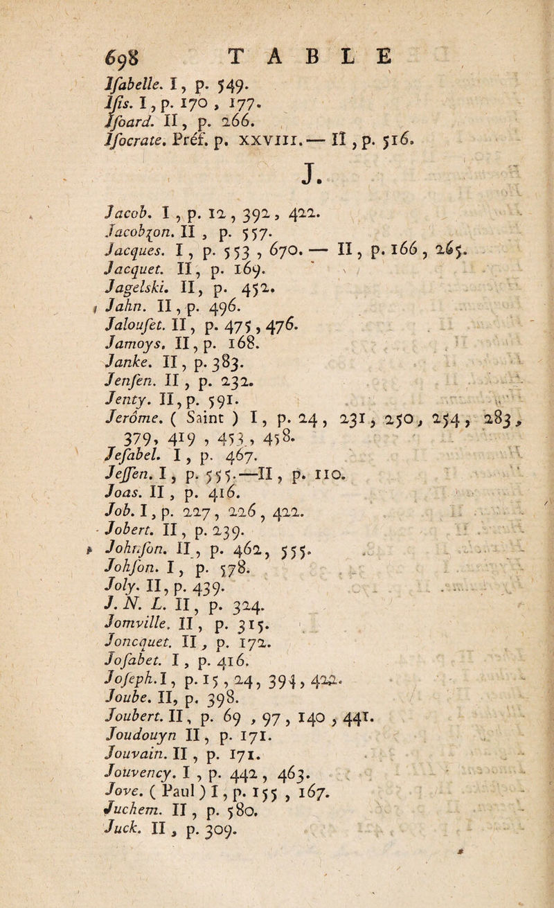 ïfabelle. I, p. 549* Ifis. I, p. 170 , 177. îfoard. II, p. 266. If ocra te, Préf. p. XXVIII.— Il , p. 516. J. Jacob, I , p. 12, 392, 422. Jacob[on. II , p. 557. Jacques. I , P- 5 53 , 670. — II, p. 166 , 265. Jacquet. II, p. 169. ' \ Jagelski. II, p. 452. 1 Jahn. II, p. 496. Jaloufet. II, p. 475,476. Jamoys, II, p. 168. Janke. II, p. 383. J enfeu. II , p. 232. Jenty. II, p. 591. Jerome. ( Saint ) I, p. 24 , 231, 250, 2.54, 283 379. 4r9 , 453.) 458- Jefabel, I , p. 467. Jejfen. I, p. 555.—II, p. IIO. Joas. II j p. 416. Job. I, p. 227 , 226 , 422. - Jobert. II, p. 239. Johnfon. Il, p. 462, 555. Johjon. I, p. 578. Joly. II, p. 439. _ ... J. N. L. II, p. 324. Jomville. II, p. 315. Joncquet. II , p. 172. Jofabet. I, p. 416. Jofeph. I, p. 15,24, 394,422. Joube. II, p. 398. Joubert. II, p. 69 , 97 , 140,441. Joudouyn II, p. I7I. Jouvain. II , p. I71. Jouvency. I , p. 442 , 463. Jove. ( Paul ) I, p. 155 , 167. Juchem. II, p. 580, Juck. II , p. 309.