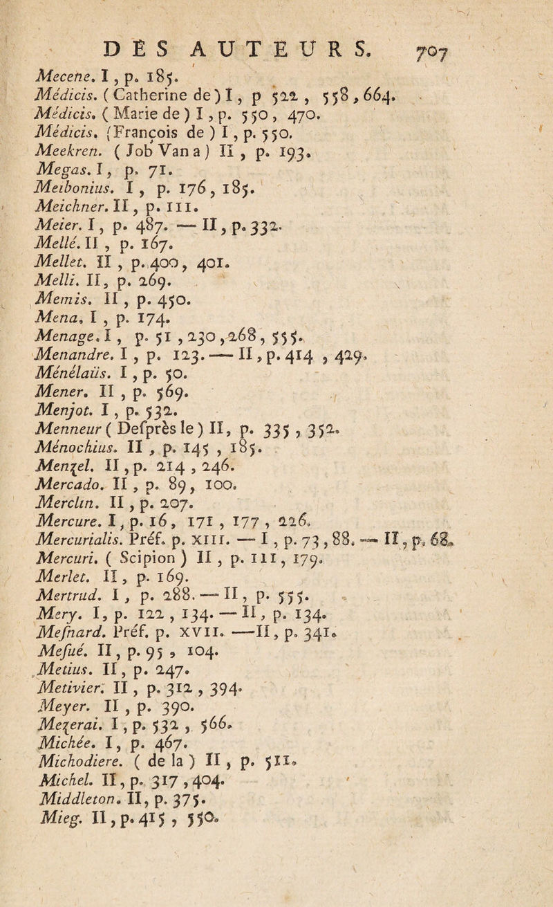 / Mecene. î , p. 185. Médicis. ( Catherine de) I, p 522 , 558,664. Médicis. ( Marie de ) I, p. 550, 470. Médicis. [François de ) I, p. 550. Meekren. ( Job Van a ) Il , p. 193. Megas. I, P* 71. Meibonins. I , p. 176, 185. Meichner.il, p. III. Meier. I, p. 487. — II , p. 332. Mellé. II , p. 167. Mellet. II , p. 400, 401. Mellz. Il, p. 269. v Memis. Il, p. 4J0. Mena, I , p. 174. Ménagé. I , p, 51,230,268, 555., Menandre. I , p. 123.-II, p. 414 ? 429, Ménélaüs. I , p. 50. Mener. II , p. 569. Menjot. I, p. 532. Menneur( Defprès le ) II, p. 335 , 352. Ménochius. II , p. 145 , 185. Men^el. II, p. 214,246. Mercado. Il , p. 89, IOO* Merclin. II , p. 207. Mercure. I, p. 16, 171 , 177 î 2Î&amp; Mercurialis. Préf. p. XIII. —* I ,p. 73,88* II, p.. 68» Mercuri. ( Scipion ) II , p. III, 179* Merlet. II, p. 169. Mertrud. I, p. 288.—-II, p. 555. Mery. I, p. 122 , 134. —■ II, p. 134. Mefnard. Préf. p. XVII. —-II, p. 341* Mefué. II, p. 95 , 104. Me dus. II, p. 2,47» Medvier. II , p. 312,394. Meyer. II , p. 390. Mènerai. I, p. 532 , 566. Michée. I, p. 467. Michodiere. ( de la ) Il , p. 5H® Michel II, p. 317,404. Middleton. II, p. 375. Mieg. II, p» 415 ? 51°°