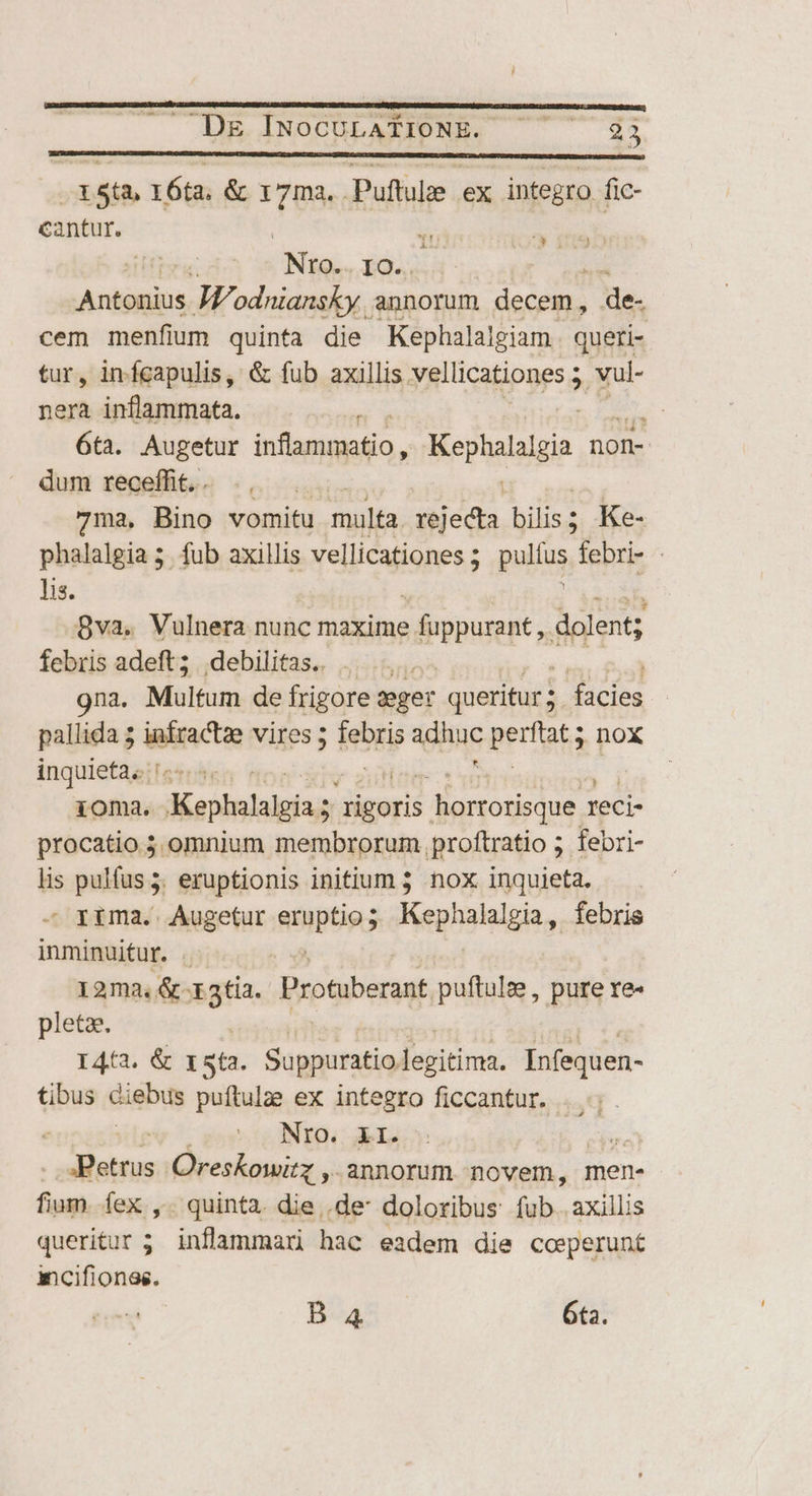 .i5ta l6ta. &amp; iios Puftulee ex integro fic- cantur. is Y | | Nro. IO... | Antonius M/'odniansky.. annorum decem. de- cem menfium quinta die Kephalalgiam queri- tur, in fcapulis, &amp; fub axillis vellicationes 5. vul- nera inflammata. 6ta. Augetur inflammatio , Kephalalgia. non- dum regeffito) .,. 20. | 7ma, Bino vomitu multa. rejecta bilis; Ke- phalalgia 5. fub axillis Yellicuisnes; pullus febri- - lis. 8va. Vulnera nunc maxime. füppurant, dolent; febris adeft; |. debilitas. | 9na. Multum de frigore feger queritur; facies pallida 5 infractze vires ; iebse adhuc pritata nox inquieta. '. ioma. ipie ri «arit: S lanone ius reci- procatio 5. omnium membrorum. proftratio ; febri- lis pulfus 5. eruptionis initium 5 nox inquieta. - ruma. Augetur Rapp; Kephalalgia , febris inminuitur. : 12ma. &amp;- 19tia. Protuberant puftulze , pure re- pletae. I4(3. &amp; r5ta. Sugiuistis legitima. Infequen- tibus diebus puftulze ex integro ficcantur. | NrO. LI. e : Petrus Oreskowitz ,. annorum novem, men- fium. fex ,. quinta. die .de- doloribus fub. axillis queritur ; inflammari hac eadem die coeperunt incifiones. B4 6ta.