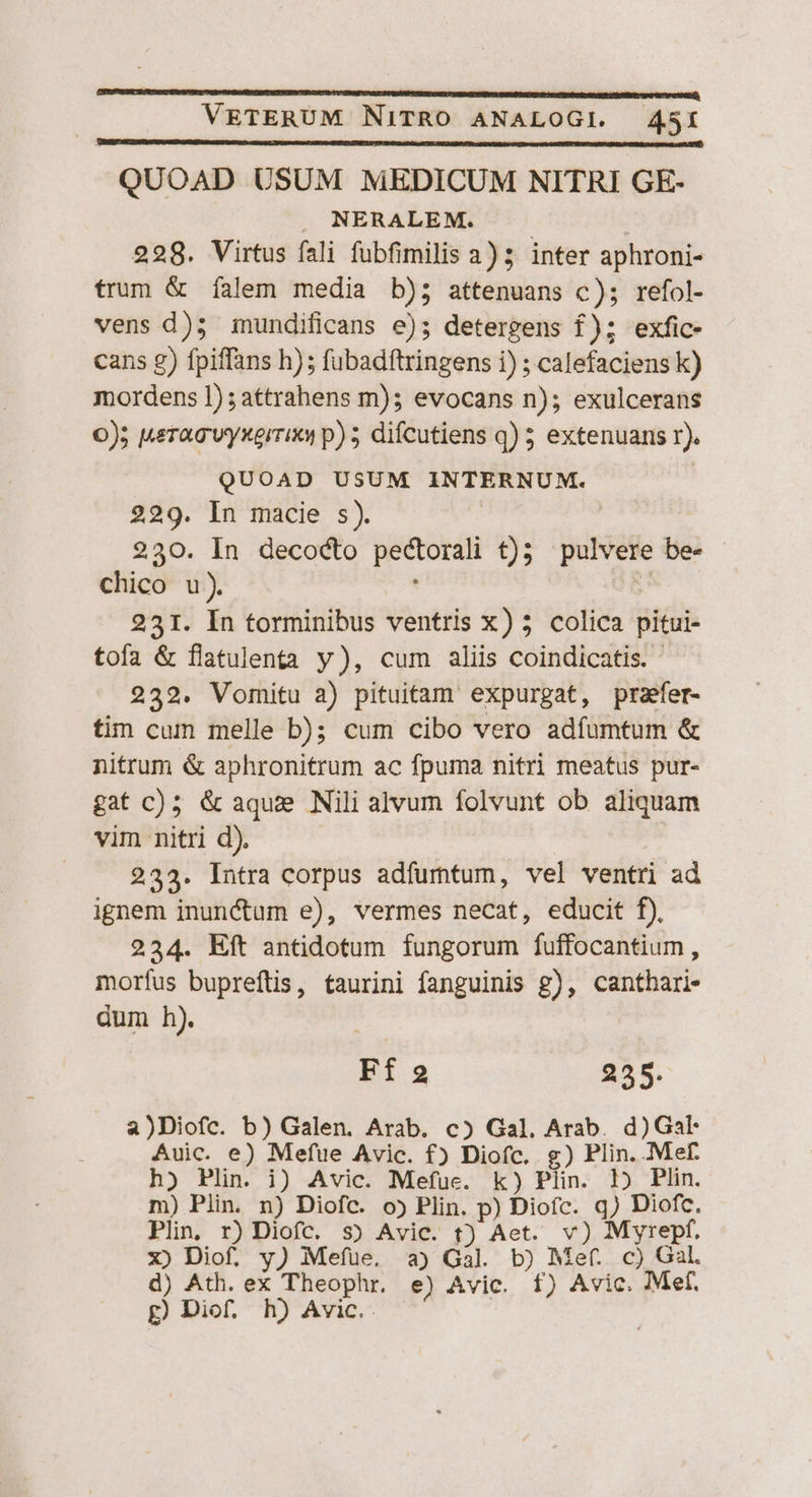 QUOAD USUM MEDICUM NITRI GE- NERALEM. 228. Virtus fali fubfimilis a) 3 inter aphroni- trum &amp; fíalem media b); attenuans c); refol- vens d); mundificans e); detergens f); exfic- cans g) fpiffans h) ; fubadftringens i) ; calefaciens k) mordens 1) ;attrahens m); evocans n); exulcerans 0); uera vyxeirrixy p) 5 difcutiens q) 5 extenuans r). QUOAD USUM INTERNUM. | 229. In macie s). 230. In decocto pectorali t); pulvere be- chico u). 2 251. In torminibus ventris x) 5 colica pitui- tofa &amp; flatulenta y), cum aliis coindicatis. - 232. Vomitu a) pituitam expurgat, przefer- tim cum melle b); cum cibo vero adfumtum &amp; nitrum &amp; aphronitrum ac fpuma nitri meatus pur- gat c); &amp; aque Nili alvum folvunt ob aliquam vim nitri d). | 233. Intra corpus adfumtum, vel ventri ad ignem inunctum e), vermes necat, educit f), 2234. Eft antidotum fungorum fuffocantium, morfus bupreftis, taurini fanguinis g), canthari- dum h). Ff 2 255. a)Diofc. b) Galen. Arab. c) Gal. Arab. d)Gal Auic. e) Mefue Avic. f) Diofc, g) Plin. .Mef. h) Plin. i) Avic. Mefuc. k) Plin. 1) Plin. m) Plin. n) Diofc. o) Plin. p) Diofc. q) Diofc. Plin. r) Diofc. s) Avic. t) Aet. v) Myrepf. x) Diof. y) Mefue. a) Gal. b) Mef. c) Gal. d) Ath. ex Theophr. e) Avic. f) Avic. Mef. g Diof, h) Avic..