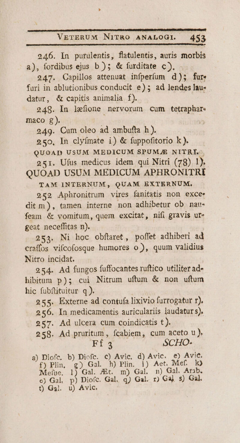 246. In purulentis, flatulentis, auris morbis a), fordibus ejus b )5 & furditate c). 247. OCapillos attenuat infperfum d); fure furi in ablutionibus conducit e)35 ad lendes lau- datur, & capitis animalia f). 249. In lefione nervorum cum tetraphar: maco g). | | 249. Cum oleo ad ambufta h). 250, In clyfmate i) & fuppofitorio k). QUOAD USUM MEDICUM SPUMAE NITRTY. 251. Ufus medicus idem qui Nitri (78) 1) QUOAD USUM MEDICUM APHRONITRI TAM INTERNUM, QUAM EXTERNUM, 252 Aphronitrum vires fanitatis non exce. dit m), tamen interne non adhibetur ob nau- feam & vomitum, quem excitat, nifi gravis uf- geat neceffitas n). | 2523. Ni hoc obftaret, poffet adhiberi ad craffos vifcofosque humores o), quum validius Nitro incidat. 254. Ad fungos fuffocantes ruftico utiliter ad- hibtum p); cui Nitrum uftum & non uftum hic fubftituitur q ). | 255. Externe ad contufa lixivio furrogatur r), 256. In medicamentis auriculariis laudatur s), 257. Ad ulcera cum coindicatis t .- 258. Ad pruritum , fcabiem, cum aceto u). FLT. SCHO- a) Diofe, b) Diofe. c) Avie, d) Avie. &) Avie. f) Plin, g) Gal h) Plin. i) Aet, Mef. lo Metue. 1) Gal. Zt. m) Gal. n) Gal. Arab. o) Gal, p) Diofc. Gal. q) Gal. r) Ga) s) Gal. t) Gal. u) Avic.