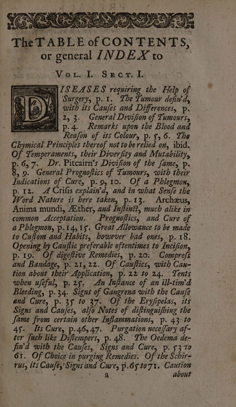 Ne ‘ i YS » A oii 7) | fe (7 The TABLE of CONTENTS, orgeneral /NVDEX to Vow lL Sporn, . gg ISEASES requiring the Help of \ | Surgery, p. 1. Lhe Tumour defin'd, a) USa with its Caufes and Differences, p. ag SFG 2, 3. General Divifion of Tumours, steams, p.4. Remarks upon the Blood and '. Reafon of its Colour, p. 556. The Chymical Principles thereof not toberelied on, ibid. Of Temperaments, their Diverfity and Mutability, .6,7- Dr. Pitcairn’s Divifion of the fame, p. 8 9. General Prognoftics of Tumours, with their Indications of Cure, p.9,10. Of a Phlegmon, p. 12. 4 Crifis explain’d, and in what Senfe the Word Nature is here taken, p.13. Archzus, Anima mundi, Atther, aud Luftinti, much alike in common Acceptation. Prognofiics, and Cure of a Phlegmon, p.t4,15. Great Allowance to be made to Cuftom and Habits, however bad ones, p. 18. Opening by Cauftic preferable oftentimes to Incifion, p. 19. Of digeftive Remedies, p.20. Comprefs and Bandage, p. 21,22. Of Cauftics, with Cau- tion about their Application, p.22 to 24. Tents when ufeful, p.25. An Inflance of an ill-tim’d Bleeding, p.34. Signs of Gangrena with the Caufe and Cure, p. 35 to 37. ‘Of the Eryfipelas, its Signs and Caufes, alfo Notes of diftinguifbing the fame from certain other Inflammations, p. 43: to 4s. dts Cure, p.46,47. Purgation neceffary af- ter fuch like Diftempers, p. 48.. The Ocdema de- fivd with the Caufes, sens and Cure, p. 53 t0 61. Of Choice in purging Remedies. Of the Schir- TUS, tts Caufe, Signs and Cure, p.6Ft071%. eS a Ge IRE iat avout