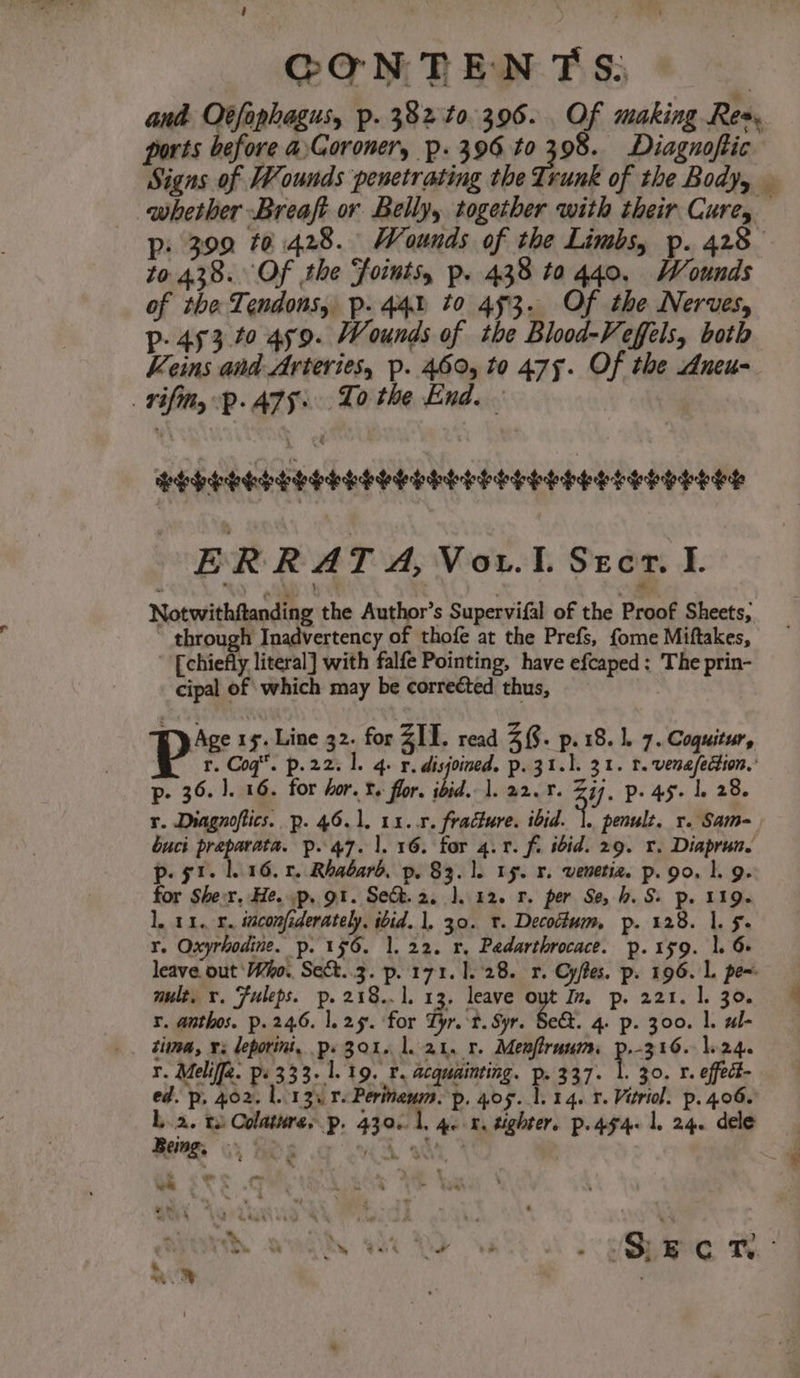 ports before aCoroner, p. 396 to 398. Diagnoftic Signs of Wounds penetrating the Trunk of the Body, to.438.. Of the ‘foints, p. 438 to 440. Wounds of the Tendons, p. 441 to 453. Of the Nerves, p- 453 20 459. Wounds of the Blood-Veffeels, both Leins and Arteries, p. 460, to 475. Of the Aneu- Tifitty p.A7s. To the End. - deeeeeseeeenseoenoooereererrereenes ER RAT A, Vou... Stecr. I. Notwithftanding the Author’s Supervifal of the Proof Sheets, ' through Inadvertency of thofe at the Prefs, fome Miftakes, [chiefly literal] with falfe Pointing, have efcaped: The prin- cipal of which may be corrected thus, Pp 15. Line 32. for Zit. read Z %. p.18. 1. 7. Coquitur, p- 36. 1. 16. for hor. ¥. flor. ibid. 1. 22.7. Zij. P. 45+ | 28. buci Hg ph p- 47. 1.16. for 4.1. fi ibid. 29. Yr. Diaprun. p. 5. 1.16. 1. Rhabard. p. 83. 1. 15. ¥. venetiz. p. 90. 1. 9. for Sher. He. p, 91. Sect. 2. ]..12. 7. per Se, hb. Ss p. 119- l, 11. 1. iuconfiderately, ibid. 1, 30. t. Decodum p. 128. |. 5. Y. Oxyrhodine. p. 196. 1. 22. r, Pedarthrocace. p.159. 1. 6 leave. out ‘Who. Sect..3. p. 171. |.'28. 1. Cyftes. p. 196. L. pen mult. x. Fuleps. p.218.. 1. 13, leave 6 In, p. 221. 1. 30. r. anthos. p.246. l.29. for Tyr. t. Syr. Se&amp;. 4. p. 300. 1. al- timma, ¥: leporini, ps 301. lat. r. Menftrunm. p.-316. 24. r. Meliffz. ps 333. 1.19. r. acquainting. p. 337. i 30. 1. effect- ed. p, 402. 1.13. 5. Perinenm. p. 405. 1.14. 1. Vitriol. p. 4.06. La. te Colatures p. 430. Rens Ge a KA a me y . wk’ wd yee ae = -. -&amp;