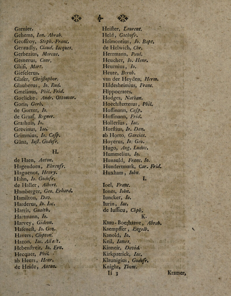 Gehema, Ian. Abrah. GeofFroy, Stcpb. Franc. Geraudly, Glaud. Iacques. Gerbezius, Marcus. Gesnerus, Conr. Ghifi, Mart. Giefelerus. Glafer, Cbri/Iopbor. Glauberus, lo. Rud. G melinus, Pbil. Frid. Goelicke , Andr. Ottomar. Goris, Gerb. de Gorter, Io. de Graaf, Regner. Grashuis, Io. Grevinus, lac* Grimmius, Io. Cafp. Glinz, Iu/i. Godofr. H. de Haen, Anton. Ha ge nd or n, Ebrenfr. Haguenot, Henry. Hahn, Io. Godofr. de Haller, Albcrt. Hamberger, Geo. Erhard• Hamilton, Dav. Harderus, Io. lac. Harris, Gualtb. Hartmann, Io. Harvey, Gideon. Hafeneft, Io. Geo* Havers, Cloptori. Hazon, lac. Ali c et. Hebenftreit, Io. Em. Hecquet, Pbil. &lt; ab Heers, Henr. de Heide, Anton. Held, Gotbofr. Heimontius, Io. Bapt. de Helwicli, Cbr. Herrmann, Paul. Heucher, lo. Henr• Heurnius, Io. Heute, Bernb. van der Heyden, Herm. Hildesheimius, Franc. Hippocrates. Hodges, Nathan. Hoechftetterus, Pbil. Hoffmann, Cafp. Hoffmann, Frid. Hollerius, lac. Horilius, Io. Dan• ab Horto, G arci as. Hoyerus, Io. Geo. Hugo, Avg. Ludov. Hummelius, Io. : Hunauld, Franc. Io. Hundertmark, Car. FricI. Huxham, lobn. I. Ioel, Franc. Iones, lobn. Iuncker, Io. Iurin, lac. de Iuflieu, Cbph. K. Kaau- Boe^haave, Abrah• Kaempffer, Engelb. Kanold, Io. Keil, Iamcs, -Kinneir, Davirk Kirkpatrick, lac. ’ Klaunigius, Godofr. Knight, Thom. Ii 3