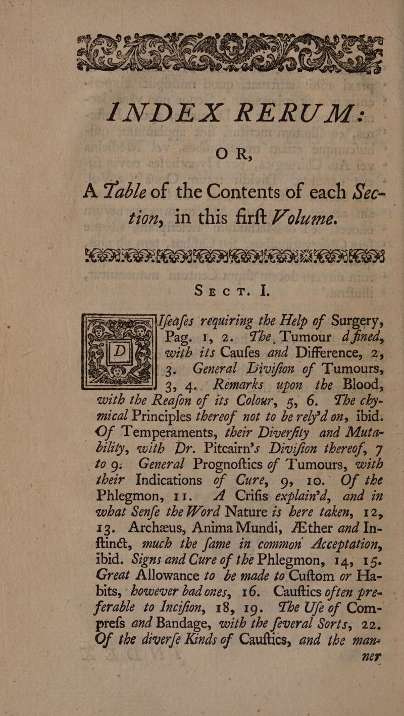 INDEX RERUM: OR, si A Table of the Contents of each Svc- | tion, in this firft Volume. BE ee aR EEO Ka eR RLM ED Sect. I. 3 a Jfeafes requiring the Help of Surgery, i Sg Ee i d fined, wtih its Caufes and Difference, 2' : 3. General Divifion of Tumours, ee) 3, 4.. Remarks upon the Blood, with the Reafon of its Colour, 5, 6. Tbe chy- mical Principles thereof not to be rely’d on, ibid. Of Temperaments, their Diverfity and Muta- bility, with Dr. Pitcairn’s Divifion thereof, 7 _t09: General Prognoftics of Tumours, with — their Indications of Cure, 9, 10. Of the Phlegmon, 11. 4 Crifis explain’d, and in what Senfe the Word Nature is here taken, 12, 13. Archeus, Anima Mundi, Ether amdIn- — ftinct, much the fame in common Acceptation, ibid. Signs and Cure of the Phlegmon, 14, 15. Great Allowance to be made to Cuftom or Ha- bits, owever bad ones, 16. Cauftics often pre= - ferable to Incifion, 18, 19. The Ufe of Com- prefs and Bandage, with the feveral Sorts, 22. Of the diverfe Kinds of Cauftics, and the man: | | | ner OR C) ke Ey sg BS aan RS RR