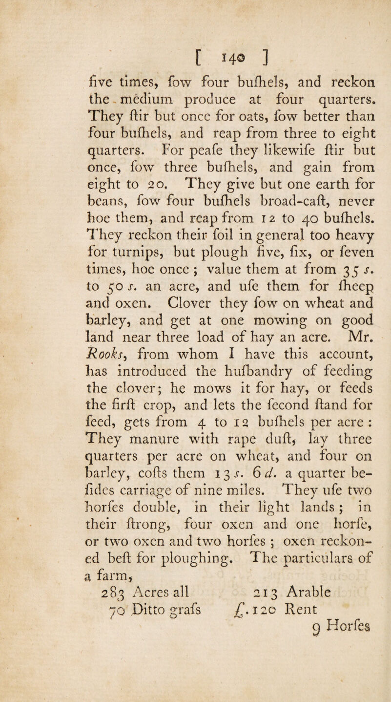 five times, fow four bufhels, and reckon the - medium produce at four quarters. They ftir but once for oats, fow better than four bufhels, and reap from three to eight quarters. For peafe they likewife ftir but once, fow three bufhels, and gain from eight to 20, They give but one earth for beans, fow four bufhels broad-caft, never hoe them, and reap from 12 to 40 bufhels. They reckon their foil in general too heavy for turnips, but plough five, fix, or feven times, hoe once ; value them at from 35 s. to 50 s. an acre, and ufe them for fheep and oxen. Clover they fow on wheat and barley, and get at one mowing on good land near three load of hay an acre. Mr. Rooks, from whom I have this account, has introduced the hufbandry of feeding the clover; he mows it for hay, or feeds the firft crop, and lets the fecond ftand for feed, gets from 4 to 12 bufhels per acre : They manure with rape duft, lay three quarters per acre on wheat, and four on barley, cofts them 13 j*. 6 d. a quarter be- fides carriage of nine miles. They ufe two horfes double, in their light lands ; in their ftrong, four oxen and one horfe, or two oxen and two horfes ; oxen reckon¬ ed heft for ploughing. The particulars of a farm, 283 Acres all 213 Arable 70.Ditto grafts £.120 Rent