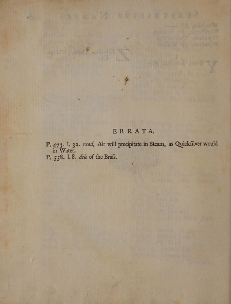 ERRATA. P. 473. 1. 32. read, Air will precipitate in Steam, as Quickfilver would in Water. P. 558, 1.8. dele of the Brafs,