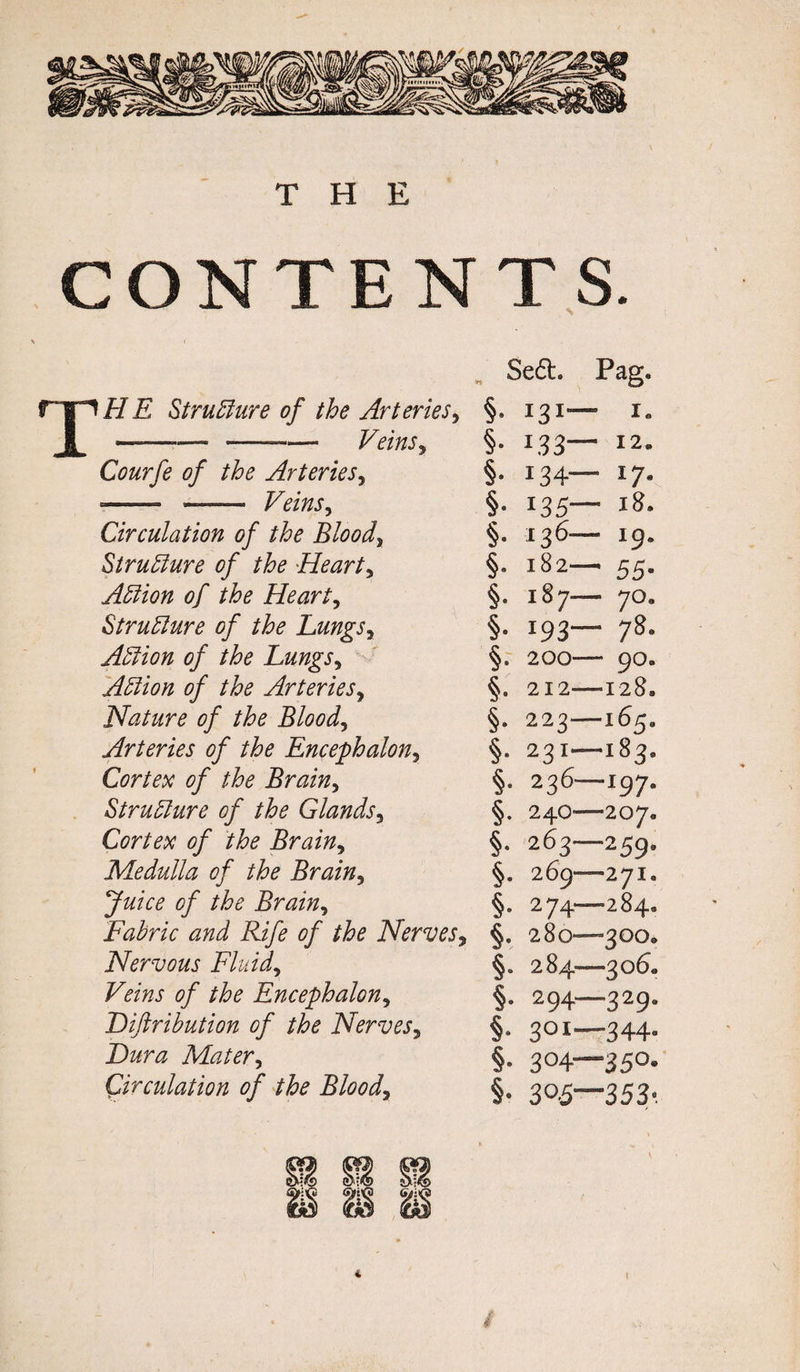 THE CONTENTS. THE Structure of the Arteries, ——— -—-— Veins, Courfe of the Arteries, - - Veins, Circulation of the Blood, Structure of the Hearty Adlion of the Heart, Structure of the Lungs, Adi ion of the Lungs, Adlion of the Arteries, Nature of the Blood, Arteries of the Encephalon, Cortex of the Brain, Structure of the Glands, Cortex of the Brain, Medulla of the Brain? Juice of the Brain, Fabric and Rife of the Nerves, Nervous Fluid, Veins of the Encephalon, Diftribution of the Nerves, Dz/nz Mater, Circulation of the Blood „ Se6t. Pag. §• I3I— i- §• i.33“ 12* §. 134— 17. §• 135— 18. §. 136— 19. §. 182— 55. §• 187— 70. §• r93— 78* §, 200— 90. §. 212—128. §• 223—165. §. 231—183. §• 236—197. §. 24O—207. §• 263—259. §. 269—271. §. 274—284. §. 280—3OO. §. 284—306. §• 294—329. §• 301—344. §• 304—350. §• 305”353*. /