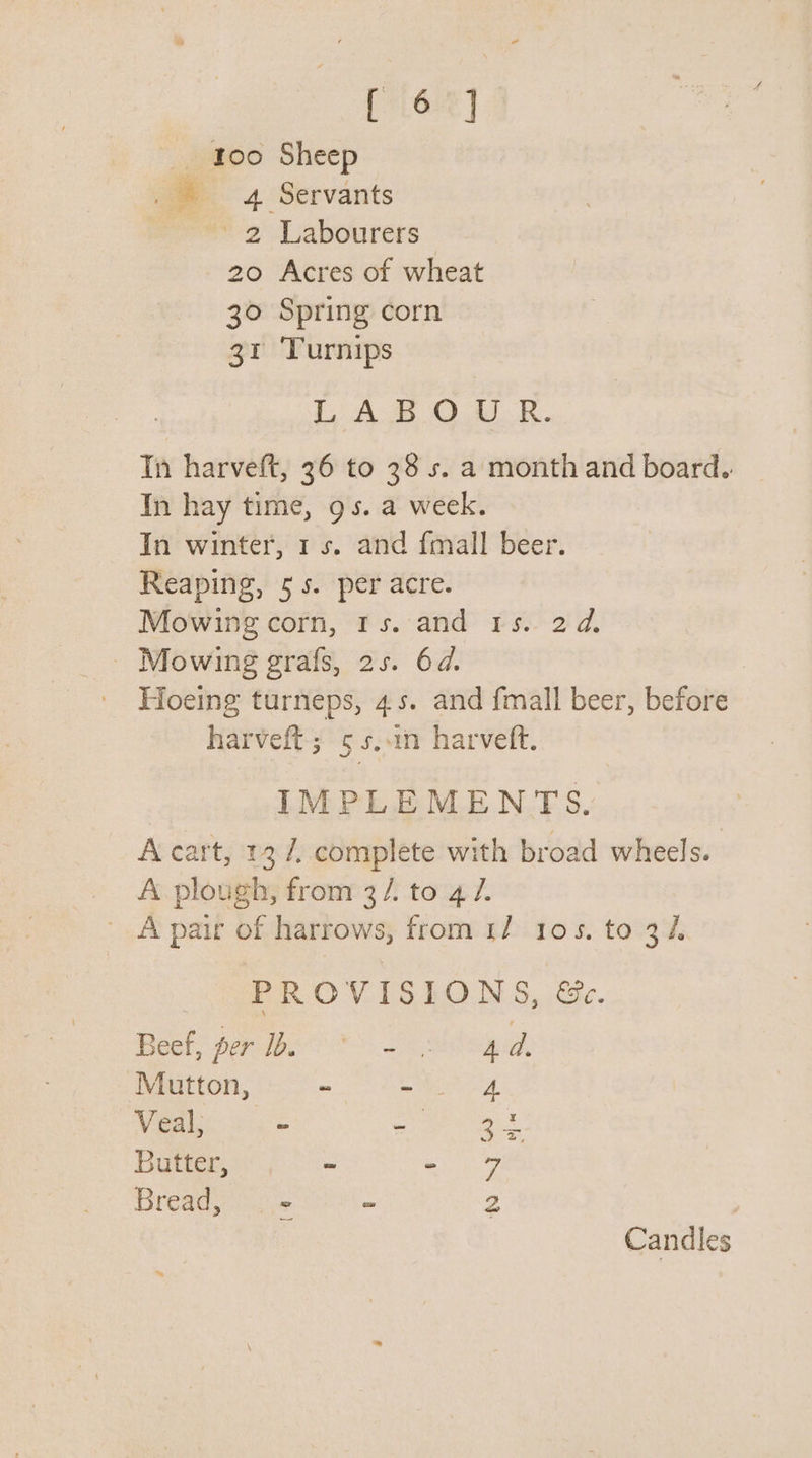 [6-2] _ 100 Sheep _@ 4 Servants pre 2 Labourers 20 Acres of wheat 30 Spring corn 31 Turnips 1, A. Je O.0 RK. In harveft, 36 to 38 s. a month and board. In hay time, gs. a week. In winter, 1s. and {mall beer. Reaping, 55. per acre. Mowing corn, 1s. and 1s. 2d. - Mowing grafs, 2s. 6d. | ' Hoeing turneps, 45. and fmall beer, before harveft; 55..n harveft. IMPLEMENTS. A cart, 13 /, complete with broad wheels. | A plough, from 3/. to 4 /. ' Apair of harrows, from 1/ 105. to 34 PROVISIONS, &amp;c. Beef, per Ib. ° - A ad, Mutton, ~ eM Veal, - eee Butter, ~ mF Bread, v= o 2 Candles