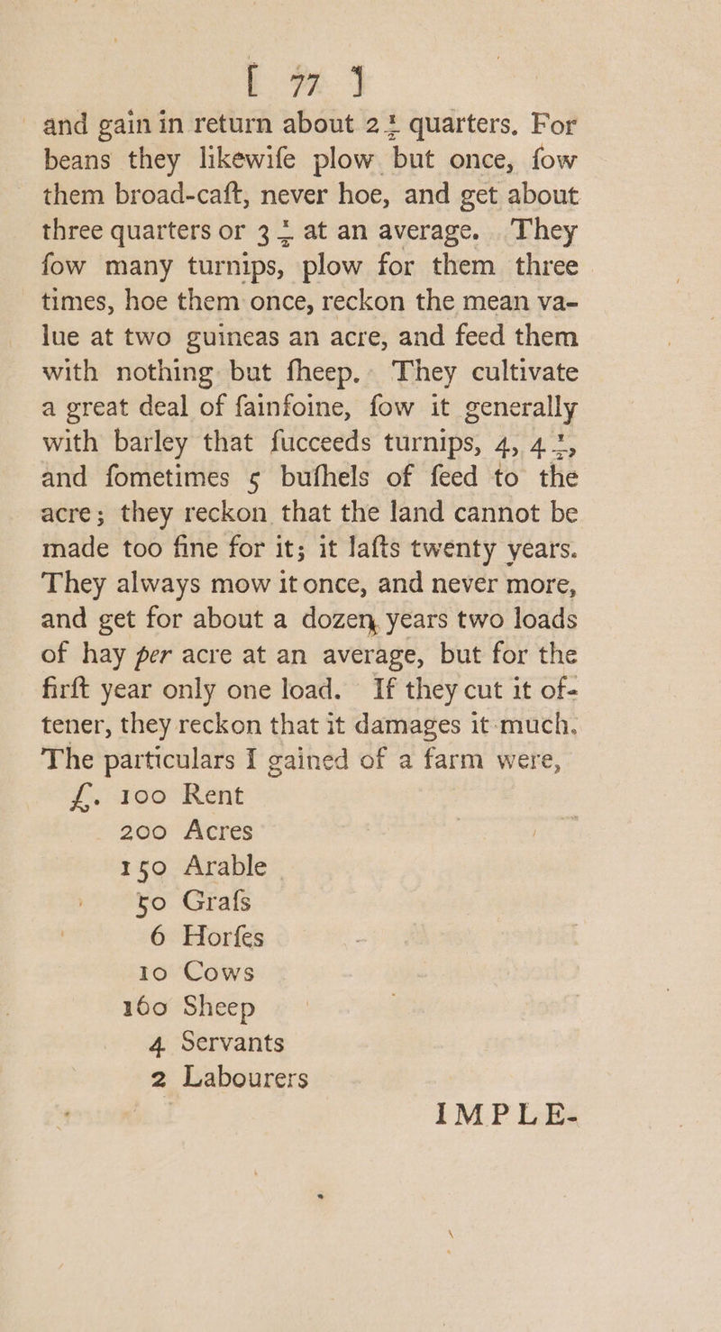 L m7 and gain in return about 22 quarters, For beans they likewife plow but once, fow them broad-caft, never hoe, and get about three quarters or 3 = at an average. They fow many turnips, plow for them three times, hoe them once, reckon the mean va- lue at two guineas an acre, and feed them with nothing but fheep.. They cultivate a great deal of fainfoine, fow it generally with barley that fucceeds turnips, 4, 42, and fometimes 5 bufhels of feed to the acre; they reckon that the land cannot be made too fine for it; it lafts twenty years. They always mow it once, and never more, and get for about a dozen, years two loads of hay per acre at an average, but for the firft year only one load. If they cut it of- tener, they reckon that it damages it- much. The particulars I gained of a farm were, fs teo-Rent 200 Acres 150 Arable | to Grafs 6 Horfes 10 Cows 160 Sheep 4 Servants 2 Labourers 3 IMP LE-