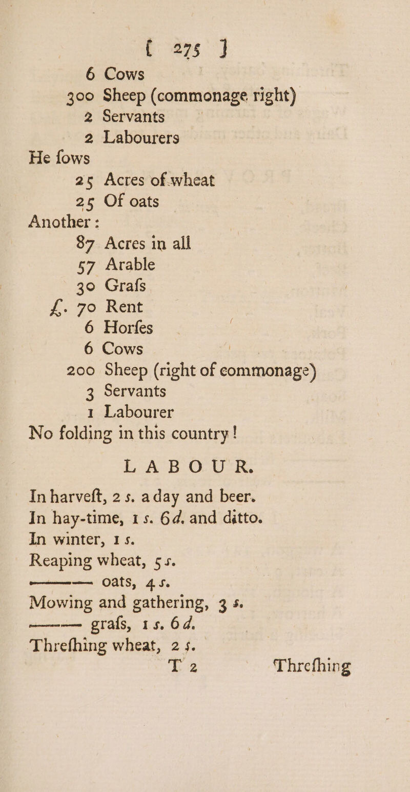 6 Cows 300 Sheep (commonage right) 2 Servants | 2 Labourers He fows 25 Acres of wheat 25 Of oats Another : 87 Acres in all 57 Arable 30 Grafs £90 Rent 6 Horfes 6 Cows 200 Sheep (right of ueseon 3 Servants 1 Labourer No folding in this country ! LAB OU In harveft, 2 s. aday and beer. In hay-time, 15. 6d. and ditto. In winter, Is. Reaping wheat, 55. — oats, 45. Mowing and gathering, 3s. n——-——= grafs, 15, 64. Threfhing wheat, 2 5. EB Threfhing