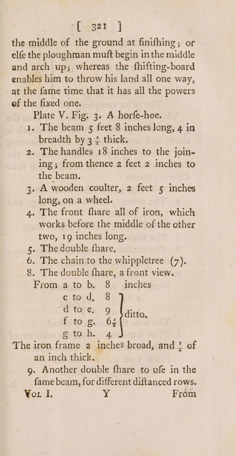 the middle of the ground at finifhing ; elfe the ploughman muft begin inthe middle and arch up; whereas the fhifting-board enables him to throw his land all one way, at the fame time that it has all the powers of the fixed one. une V. Fig. 3. A hor fe-hoe. . The beam 5 feet 8 inches long, 4 in breadth by 3 2 thick. 2. The handles 18 inches to the join- ing; from thence 2 feet 2 mnebes to the beam. 3. A wooden coulter, 2 feet 5 inches long, on a wheel. 4. The front fhare all of iron, which works before the middle of the other two, tg inches long. 5. The double fhare, _6. The chain to the eibippletee (7); 8. The double fhare, afront view. From a to b, 8 inches c tord, 3 d't0} ¢.. 94 byie Srienos: be ditto. gto he. 4 The iron fens 2 inches broad, and 2 of an inch thick. g. Another double fhare to ufe in the fame beam, for different diftanced rows. Yor I. Y From