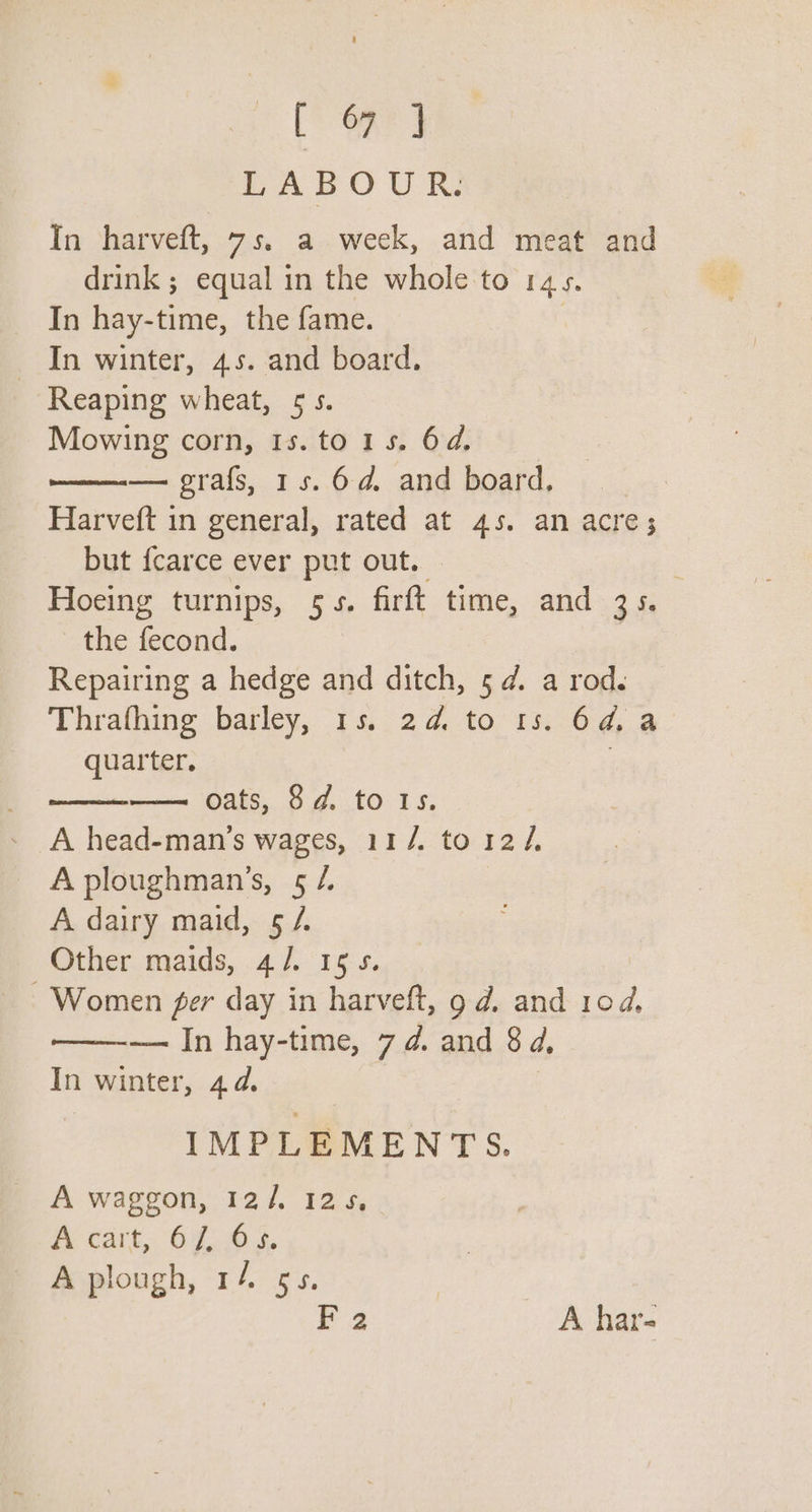 Re. LABOUR. In harveft, 7s. a week, and meat and drink ; equal in the whole to 145. In hay-time, the fame. In winter, 45. and board. Reaping wheat, 5s. Mowing corn, 1s.to1s. 6d. — grafs, 1s. 6d. and board, Harveft in general, rated at 45. an acre; but {carce ever put out. . : Hoeing turnips, 5+. firft time, and 35. the fecond. Repairing a hedge and ditch, 5d. a rod. Thrafhing barley, 15. 24 to 15. 6a a quarter. ——- Oats, 84. to 15. A head-man’s wages, 11 /. to 12 /. A ploughman’s, 5 /. A dairy maid, 5/. Other maids, 4/. 155. Women ger day in harveft, 9 d. and 104, —— In hay-time, 7 4. and 8 d, In winter, 44. IMPLEMENTS. A waggon, 12/4. 125, A cart, 64:63; A plough, 1/4 ¢s. Ba A har-