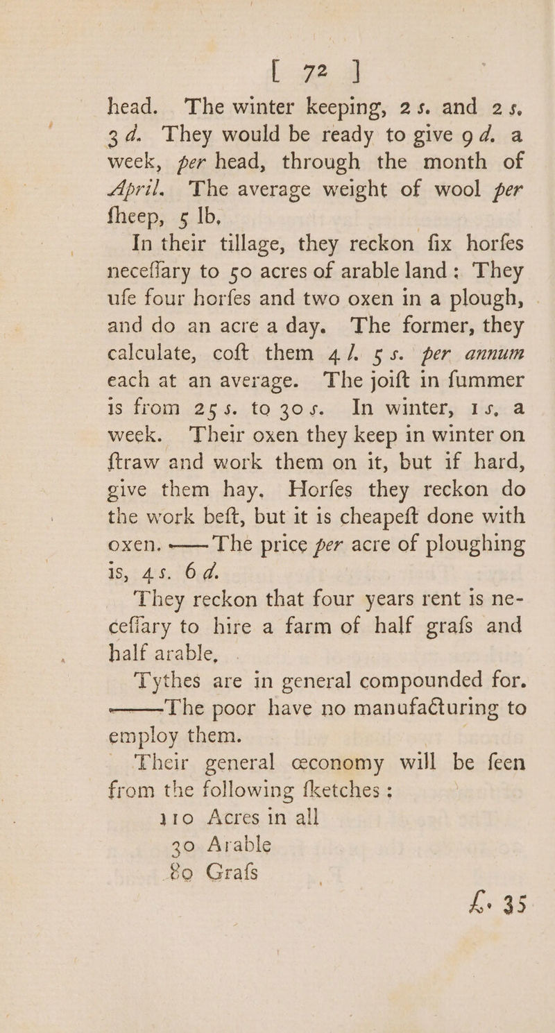 L #4 head. The winter keeping, 2s. and 2s, 3d. They would be ready to give gd. a week, per head, through the month of April. The average weight of wool per fheep, 5 Ib, In their tillage, they reckon fix horfes neceflary to 50 acres of arable land: They ufe four horfes and two oxen in a plough, and do an acrea day. The former, they calculate, coft them 4/. 55. per annum each at an average. The joift in fummer 1s. from..2:¢-4...0 204..-In wintery diss week. Their oxen they keep in winter on ftraw and work them on it, but if hard, give them hay. Horfes they reckon do the work beft, but it is cheapeft done with oxen. —— The price per acre of ploughing 18,5 Aihs ‘Og. They reckon that four years rent is ne- cefiary to hire a farm of half grafs and half arable, Tythes are in general compounded for. -_—The poor have no manufacturing to employ them. Their general ceconomy will be feen from the following fketches : y10 Acres in all 30. Arable to Grafs fe 35