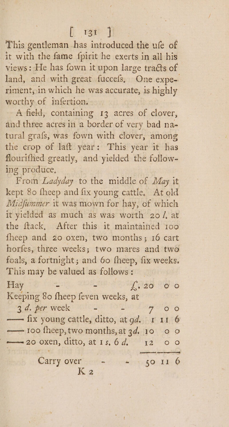 asi : This gentleman has introduced the ufe of it with the fame fpirit he exerts in all his views: He has fown it upon large traéts of land, and with great fuccefs, One expe- riment,in which he was accurate, is highly worthy of infertion,- A field, containing 13 acres of clover, and three acres in a border of very bad na- tural grafs, was fown with clover, among the crop of laft year: This year it has flourifhed greatly, and yielded the follow- ing produce, | From Ladyday to the middle of ‘vee it kept 80 fheep and fix young cattle. At old Midfummer \t was mown for hay, of which it yielded as much as was worth 20 /, at the ftack, After this it maintained 100 fheep and 20 oxen, two months; 16 cart horfes, three weeks; two mares and two foals, a fortnight; and 60 fheep, fix weeks. This may be valued as follows : Hay - - Se. UG 0 Keeping 80 fheep feven weeks, at 3.4. per week ~ ~ Pere © —— fix young cattle, ditto, atgd. 1 11 6 -——— 100 fheep, two months, at 3d. 10 0 o === 20 oxen, ditto, atis,6d, 12 00 Carry over: - ay th Ow. Bae ©