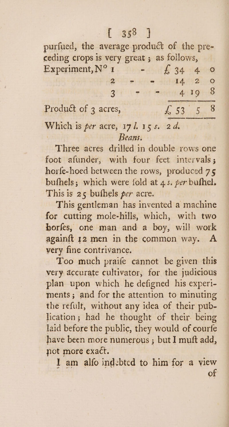 a aT purfued, the average product of the pre- ceding crops is very great ; as follows, Experiment, N° 1 ‘ £ 34°40 2 = ws 4892). Q BPN eo 4 19 8 Product of 3 acres, ES OP ee Which is per acre, 17,155. 24. . Beans. Three acres drilled in double rows one foot afunder, with four feet intervals; horfe-hoed between the rows, produced 75 bufhels; which were fold at 45. per bufhel. This is 25 bufhels per acre. This gentleman has invented a machine for cutting mole-hills, which, with two horfes, one man and a boy, will work againft 12 men in the common way. A very fine contrivance. Too much praife cannot be given this very dccurate cultivator, for the judicious plan upon which he defigned his experi- ments; and for the attention to minuting the refult, without any idea of their pub- lication; had he thought of their. being laid before the public, they would of courfe have been more numerous ; but I muft add, pot more exact. I am alfo indzbtcd to him for a view