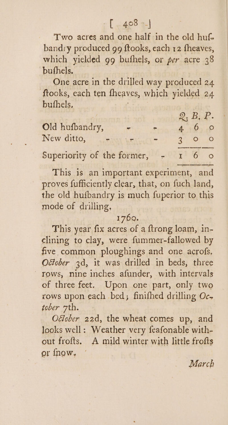 EC .4p8 9-1 Two acres and one half in the old huf- bandry produced gg ftooks, each 12 fheaves, which yielded 99 bufhels, or per acre 38 bufhels. One acre in the drilled way produced 24 ftooks, each ten theaves, which yielded 24 buthels, | 2. B. P Old hufbandry, - - 4 16 2 New ditto, = cad - 3 Oo CO Superiority of the former, - 7 6 0 Caen coca ele This is an important experiment, and proves fufficiently clear, that, on fuch land, the old hufbandry is much fuperior to this mode of drilling, 1769. This year fix acres of a ftrong loam, in- clining to clay, were fummer-fallowed by five common ploughings and one acrofs, October 3d, it was drilled in beds, three rows, nine inches afunder, with intervals of three feet. Upon one part, only two xows upon each bed; finifhed drilling Oc- tober 7th. Odlober 22d, the wheat comes up, and looks well: Weather very feafonable with- out frofts. A mild winter with little frofts or {now. March