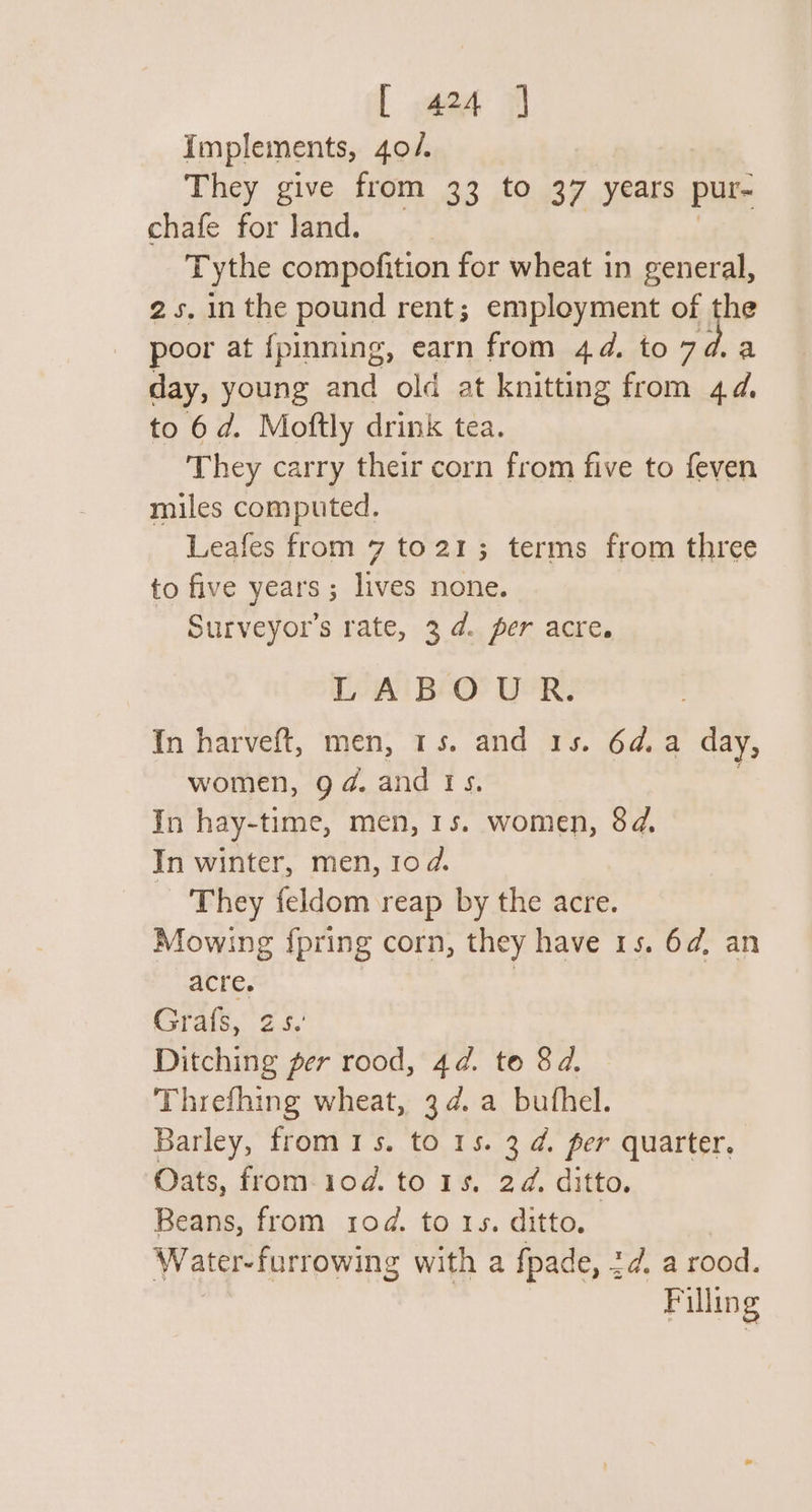 Implements, 40. They give from 33 to 37 years pur~ chafe for Jand. Tythe compofition for wheat in general, 25. inthe pound rent; employment of ie poor at {pinning, earn from 44. to 7 day, young and old at knitting from 44, to 6d. Moftly drink tea. They carry their corn from five to feven miles computed. Leafes from 7 to21; terms from three to five years ; lives none. Surveyor’s rate, 3 d. per acre. LABOUR. tm harvelt, en, 41s. and 34. od.2 day, women, 9d. and 1s. In hay-time, men, 1s. women, 8d. In winter, men, 10d. They feldom reap by the acre. Mowing {pring corn, they have 15. 6¢, an acre. ! Gra{s, 2s.’ Ditching per rood, 4d. to 8d. Threfhing wheat, 3¢. a bufhel. Barley, from1s. to 15s. 3 d. per quarter, Oats, from-iod. to 1s, 2d. ditto. Beans, from 1od. to 1s. ditto. Water-furrowing with a {pade, qd, a rood. Filling