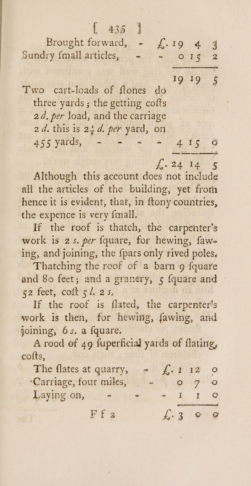 { a36 ] Brought forward, - f£.19 4 4 Sundry {mall articles, - + org 2 Two cart-loads of ftohes do three yards ; the getting cofts 2d, per load, and the carriage 2d. this is 24d. per yard, on 455 yards, ee ik str ge : £.24.14 § - Although this account does not include all the articles of the building, yet frorn hence it is evident, that, in ftony countries, the expence ts very {mall. If the roof is thatch, the carpenter’s work is 25. per {quare, for hewing, faw- ing, and joining, the {pars only rived poles. Thatching the roof of a barn g fquare and 80 feet; and a granery, 5 eres and — g2 feet, colt 51. 25, | If the roof is flated, the carpenter's work is then, for hewitig, fawing, and joining, 6s. a {quare. A rood of 49 fuperficial yards of flating, cofts, | The flates at quarry, .~ f£.1 12 0 ‘Carriage, four miles, ——- ihe o Laying on, ~ ° a ae ee Fr 3 L. 3/98 ¢@