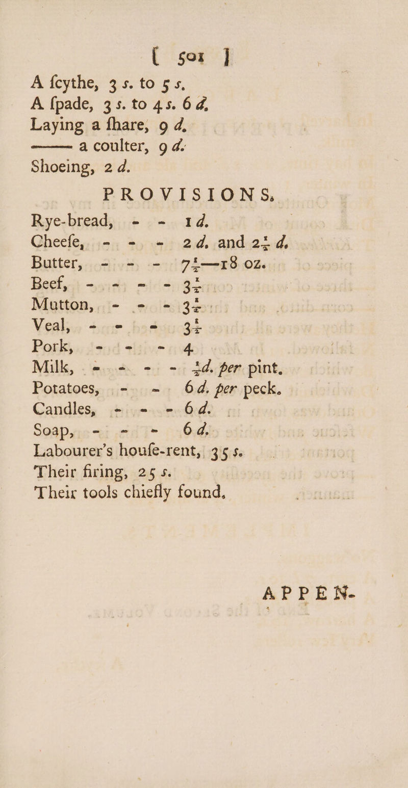 A feythe; 4s. to 5s, A {pade, 35. to 45. 64, Laying a fhare, 9 d, a coulter, 9 4. Shoeing, 2 d. PROVISIONS. Rye-bread, - - 14. Cheefe, - - = 24, and 22d, Butter, - - - 71—r8 02. Beef, - - = = 32. Mutton, - = - 32. Veal, - = = 34 Pork, - + - 4 Milk, =. -. - - id. per pint, Potatoes, - =. 64d, per peck, Candles, - - - 6a. . Soap, - - - 64 Labourer’s houfe-rent, 35s. Their firing, 25 s. Their tools chiefly found, AP PEN.