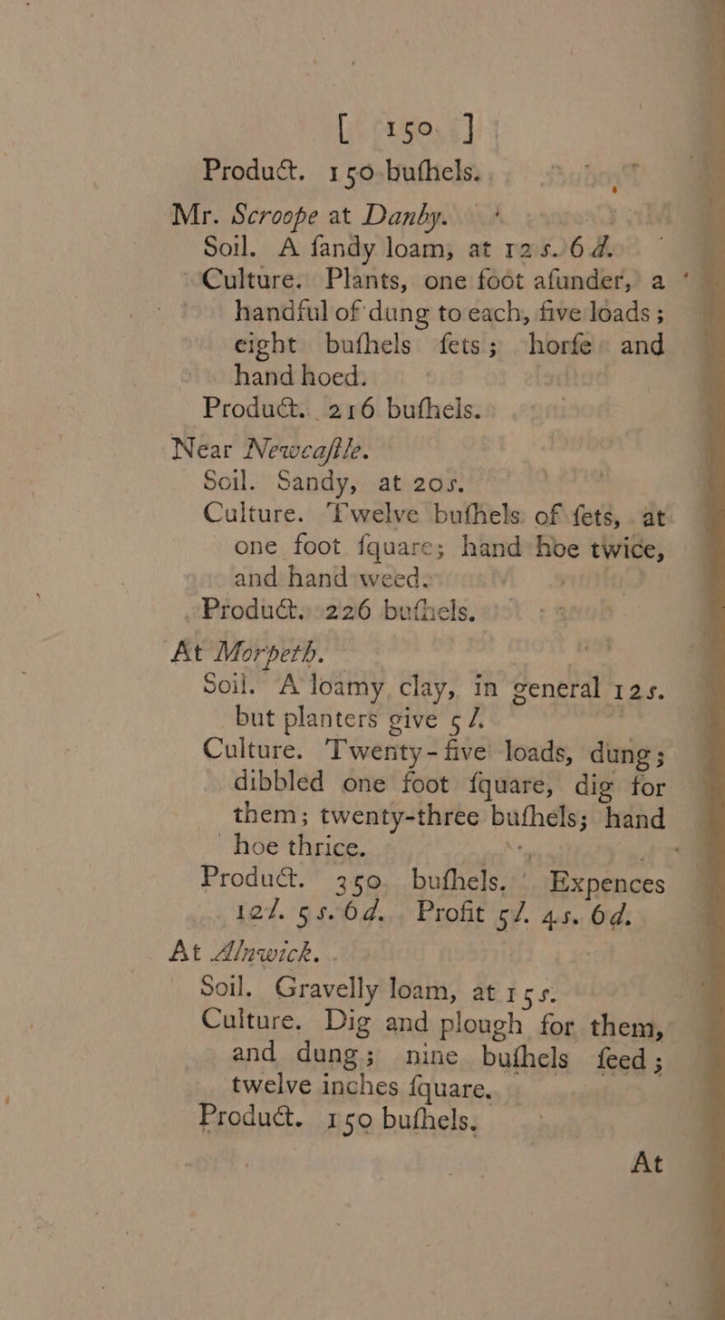 Product. 150-buthels. Phen Mr. Scroope at Danby. 4 po Be Soil. A fandy loam, at r2s.6d.&gt; © ‘Culture. Plants, one foot afunder, a * handful of dung to each, five loads ; » eight. bufhels fets; horfe« and hand hoed. rf Product... 216 buthels.» Near Newcaftle. | Soil. Sandy, at 205. | Culture. 'welve bufhels: of fets, . at one foot fquare; hand hoe twice, - and hand weed: pict Product. .226 buthels. At Morpeth. soil. Aloamy, clay, in general ras. but planters give 5 7. sett Culture. Twenty-five loads, dung; dibbled one foot fquare, dig for them; twenty-three buthels; hand OR tig ies aa at Ne eet tt Product. 350. bufhels. ' Expences 5h RO. SAO a GONE sf. 45. Od. At Alnwick. .. Soil. Gravelly loam, at 1 5S. Culture. Dig and plough for them, and dung; nine buthels feed; twelve inches fquaren. Product. 159 buthels. pate At