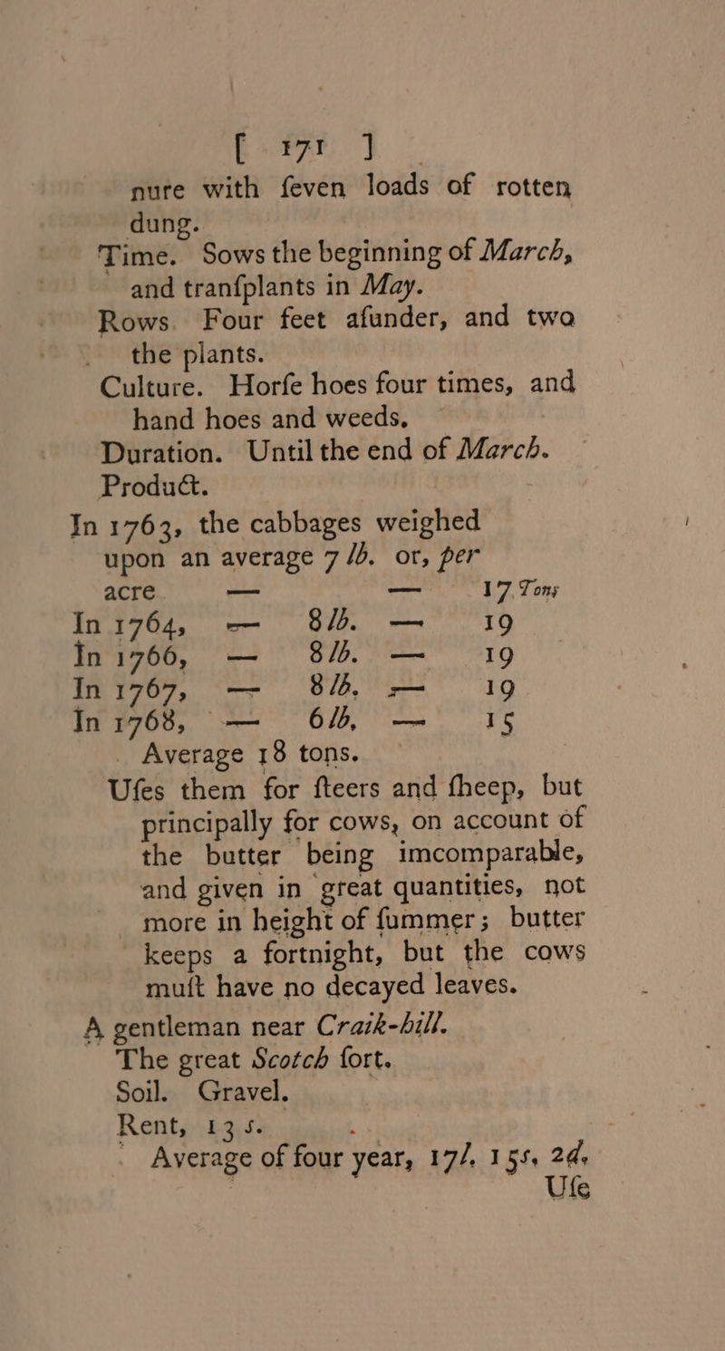 Rene § nure with feven loads of rotten dung. Time. Sows the beginning of March, and tranfplants in May. Rows. Four feet afunder, and twa the plants. Culture. Horfe hoes four times, and hand hoes and weeds. Duration. Until the end of March. Product. | In 1763, the cabbages weighed upon an average 7 lb, or, per acre _ — 17 Ton; In 1764, -— 84. —- 19 In 1766, — 84 — 19 In 1767, —- 84, r- 19 In 1768, — 64, — 15 _ Average 18 tons. Ufes them for fteers and fheep, but principally for cows, on account of the butter being imcomparable, and given in great quantities, not more in height of f{ummer; butter keeps a fortnight, but the cows muit have no decayed leaves. A gentleman near Crazk-hill. The great Scotch fort. Soil. Gravel. Rent, 135. | ; _ Average of four year, 17/. 155, 2d. Ufe