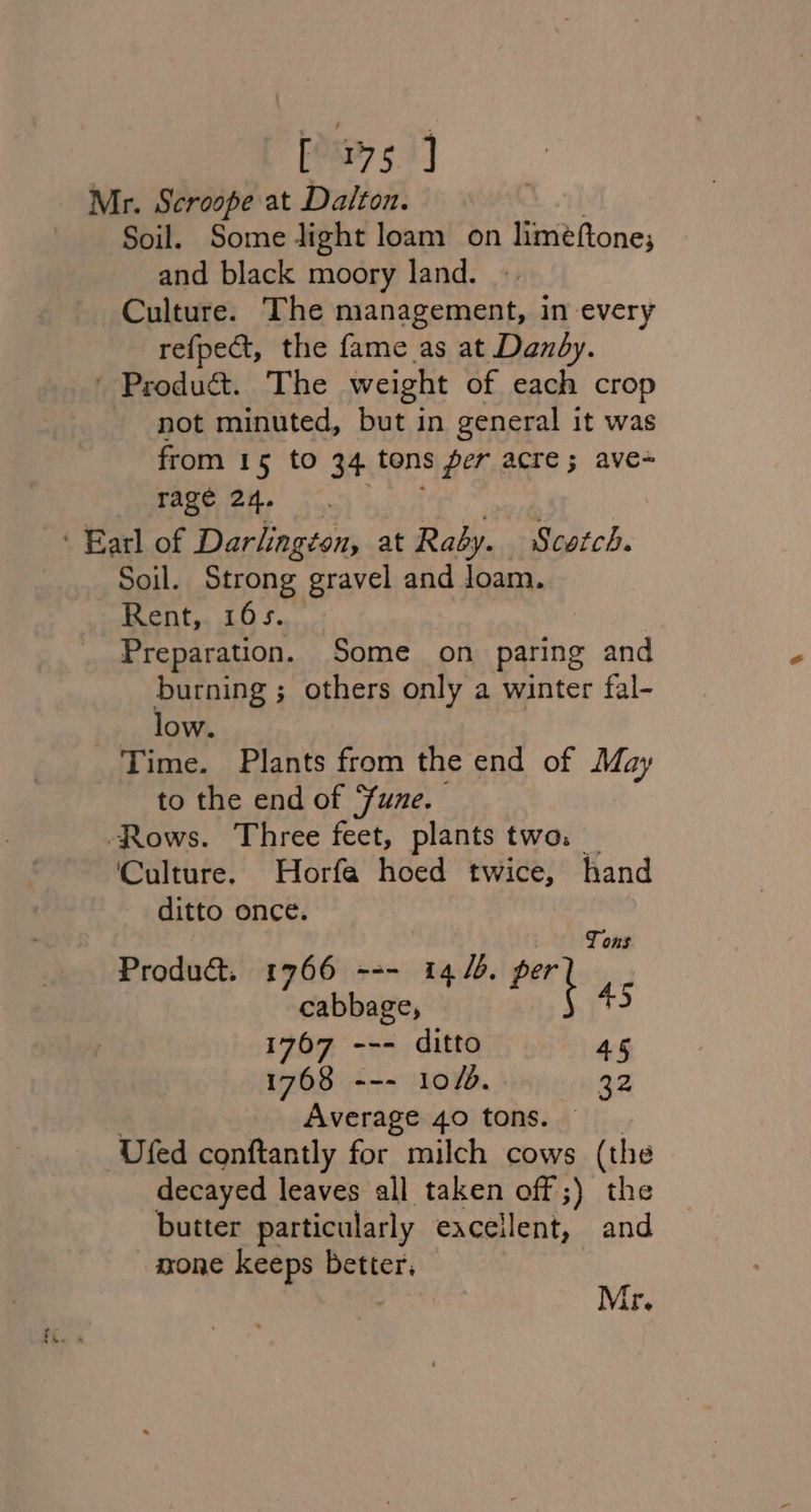 [ 375 ] Mr. Scroope at Dalton. Soil. Some light loam on liméftone; and black moory land. Culture. The management, in every refpect, the fame as at Danby. ' Product. The weight of each crop not minuted, but in general it was from 15 to 34 tons per acre ; ave- ragé 24. ‘ Earl of Darlington, at Raby. Scotch. Soil. Strong gravel and loam. Rent, 165. | | Preparation. Some on paring and burning ; others only a winter fal- low. Time. Plants from the end of May to the end of une. Rows. Three feet, plants two. _ ‘Culture. Horfa hoed twice, hand ditto once. Tons Produ&amp;. 1766 --- 144. a cabbage, 45 1767 --- ditto 45 1768 --- 10/8. 32 Average 40 tons. Ufed conftantly for milch cows (the decayed leaves all taken off ;) the butter particularly eacellent, and mone keeps better, Mr.